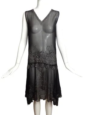 1920s Black Beaded Chiffon Dress, Size 8