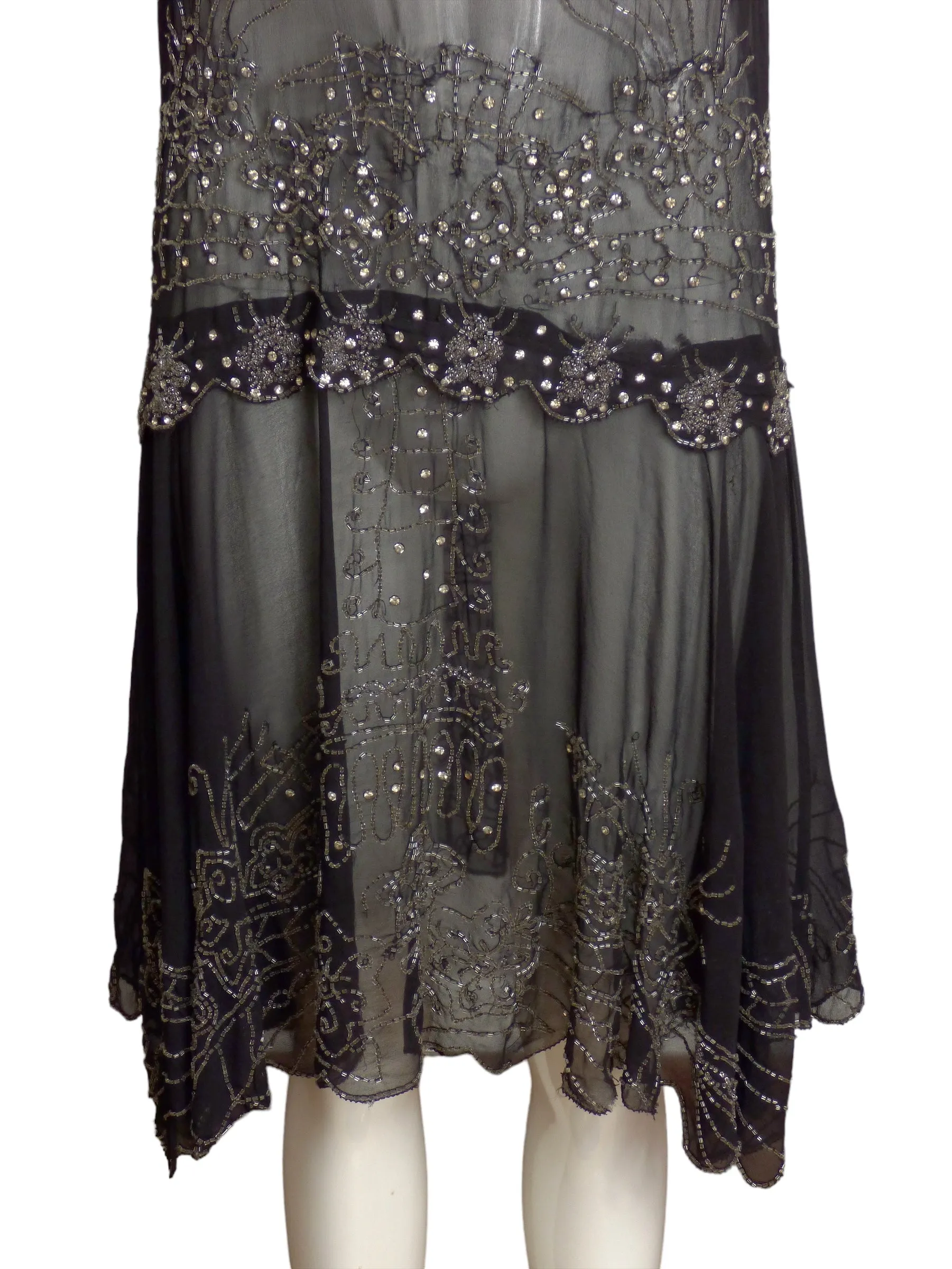 1920s Black Beaded Chiffon Dress, Size 8