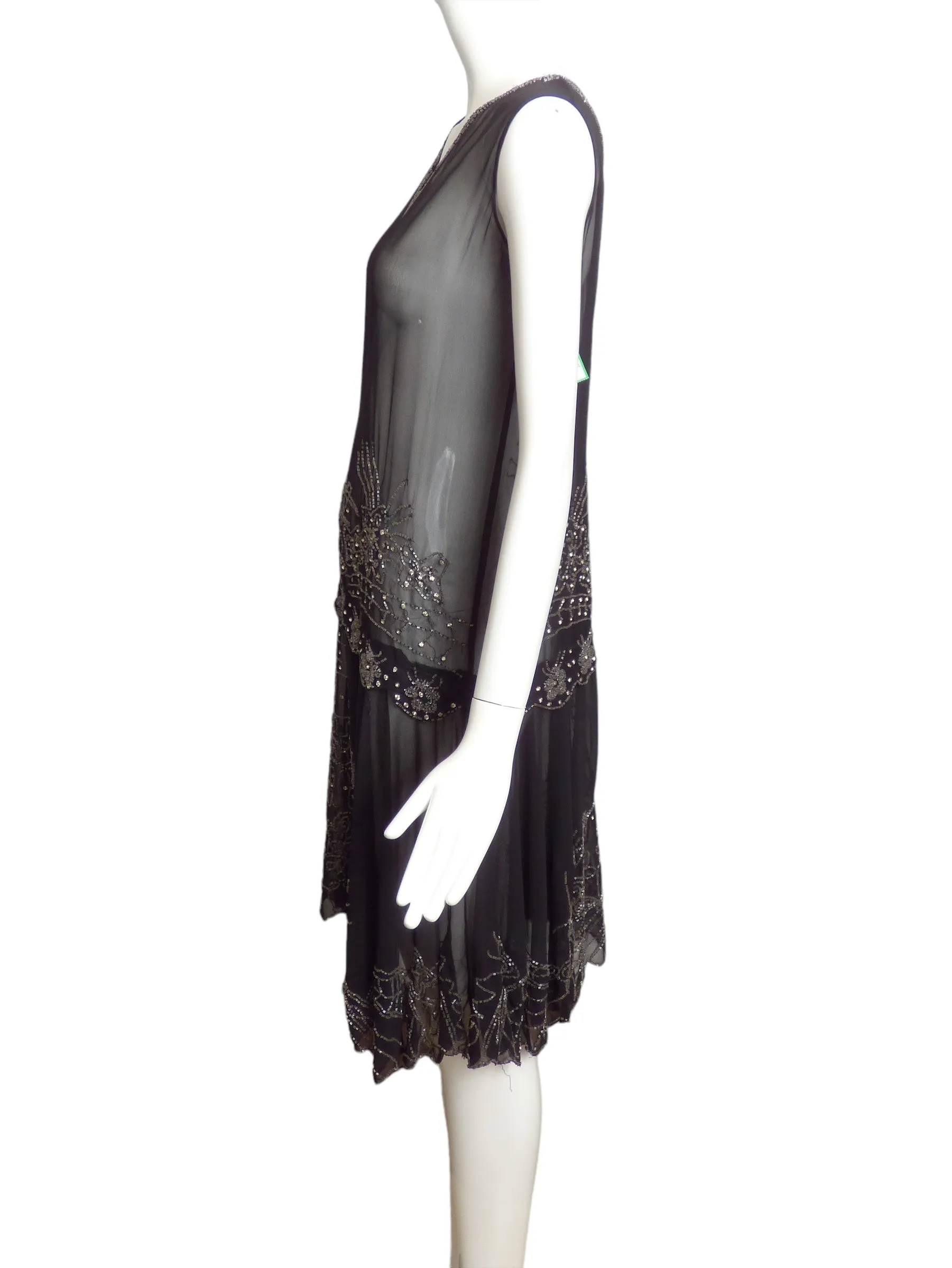 1920s Black Beaded Chiffon Dress, Size 8