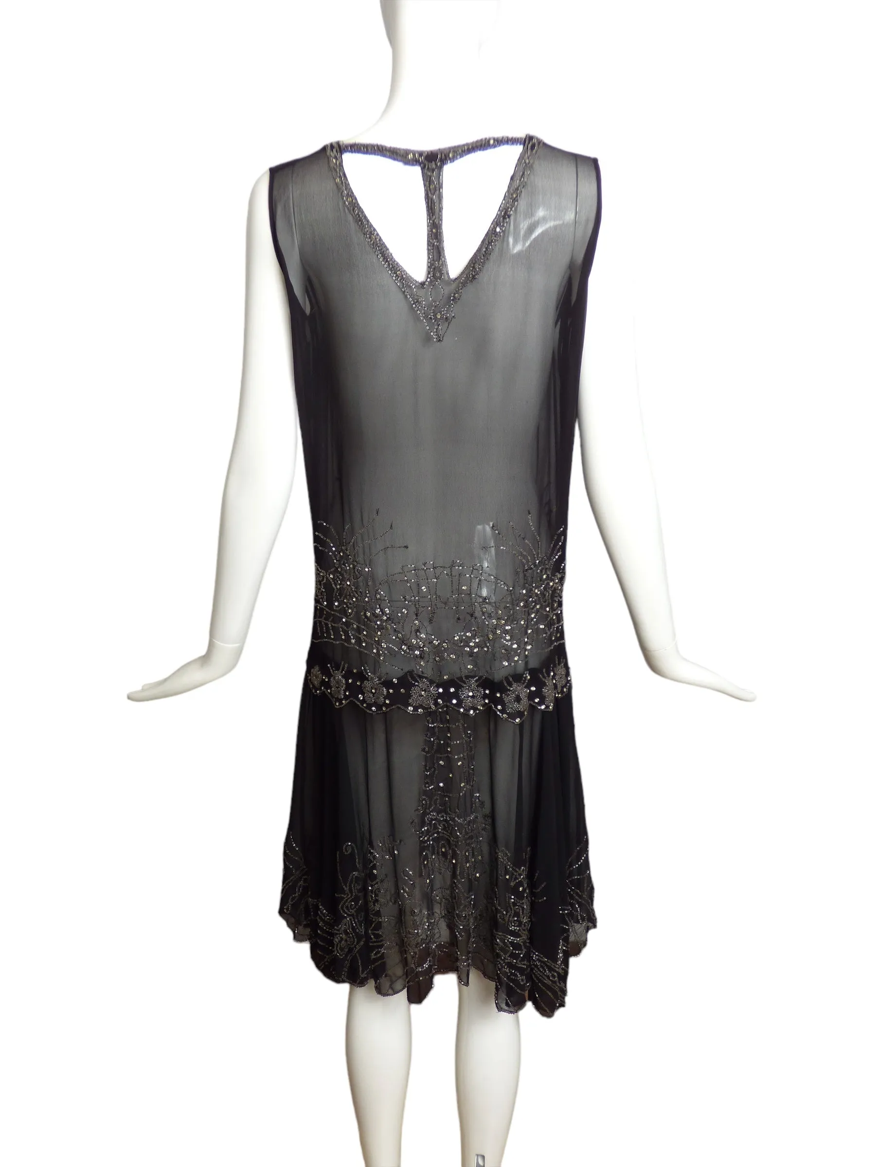 1920s Black Beaded Chiffon Dress, Size 8