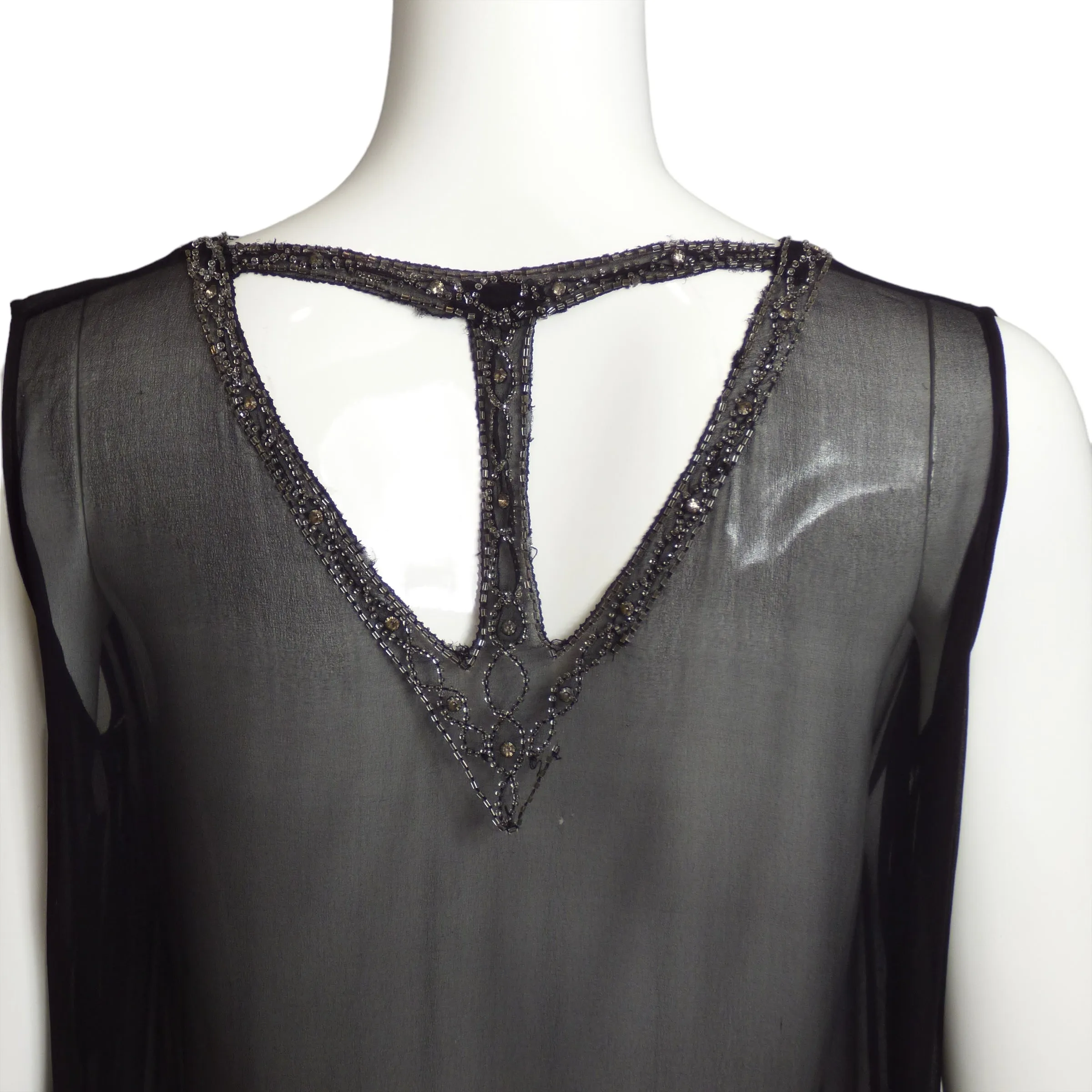 1920s Black Beaded Chiffon Dress, Size 8