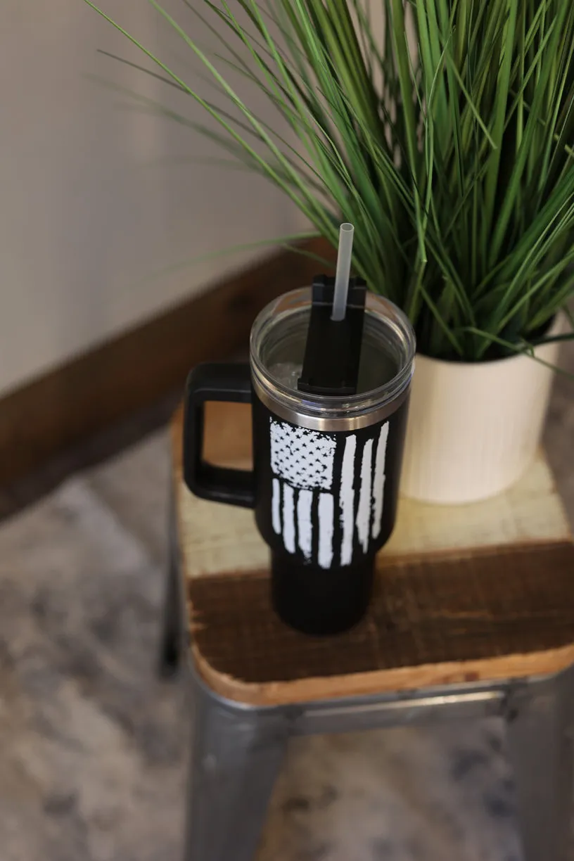 40 oz Black White American Flag Stainless Tumbler