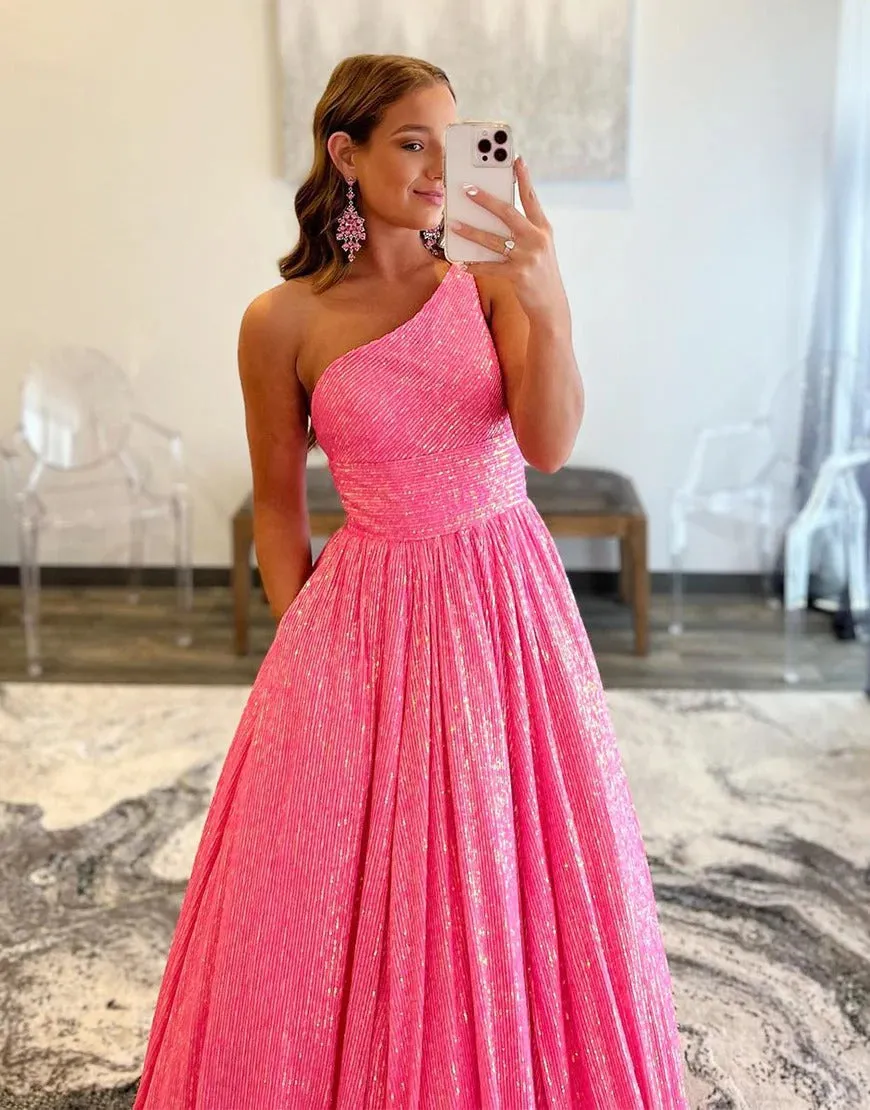 A Line Pink Cute One-Shoulder Backless Long Prom Dresses,BD930638