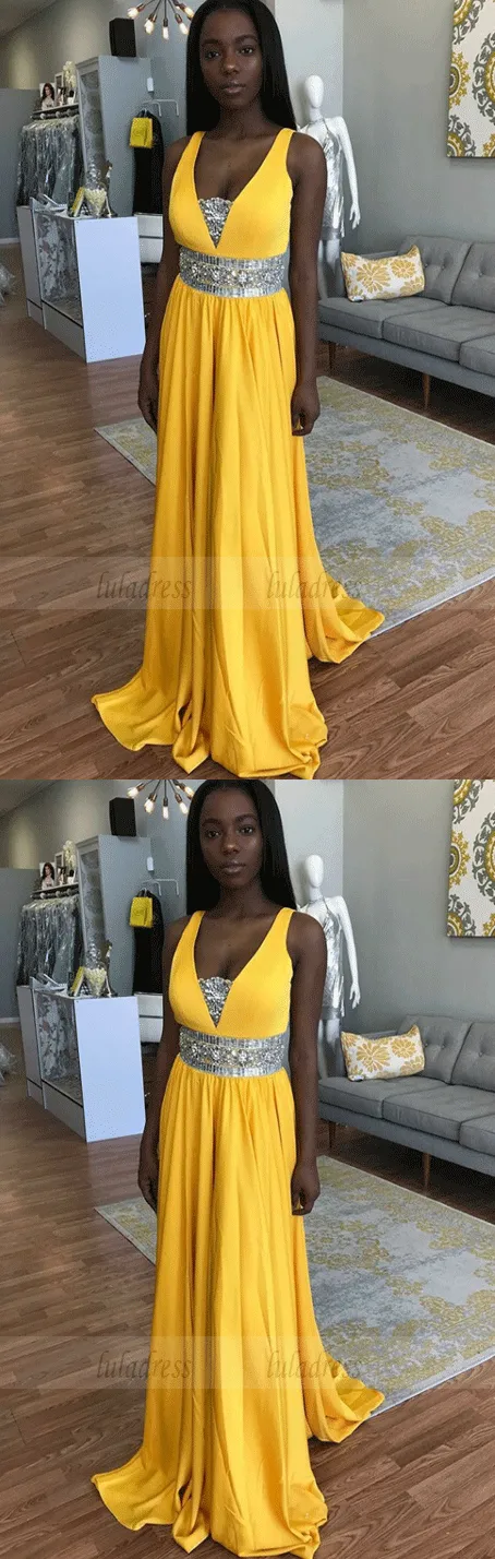 A-Line Scoop Sweep Train Yellow Satin Prom Dress with Beading,BW97239