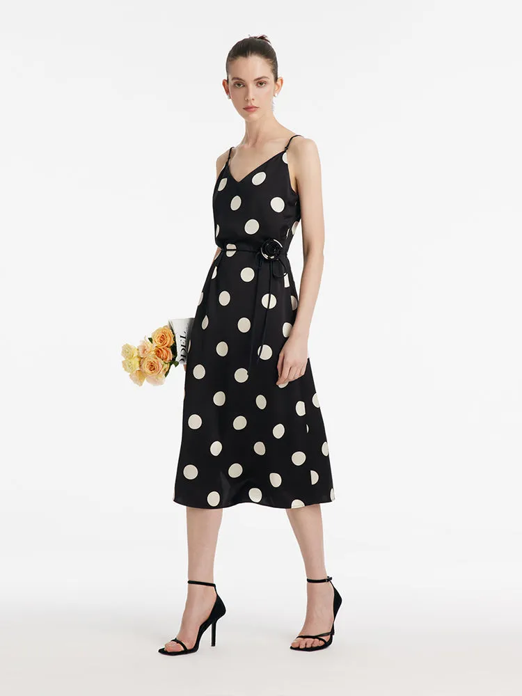 Acetate Polka Dots Printed Spaghetti Strap Women Midi Dress With Rose Belt