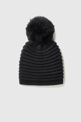 Adult Ribbed Hat With Oversized Fur Pompon