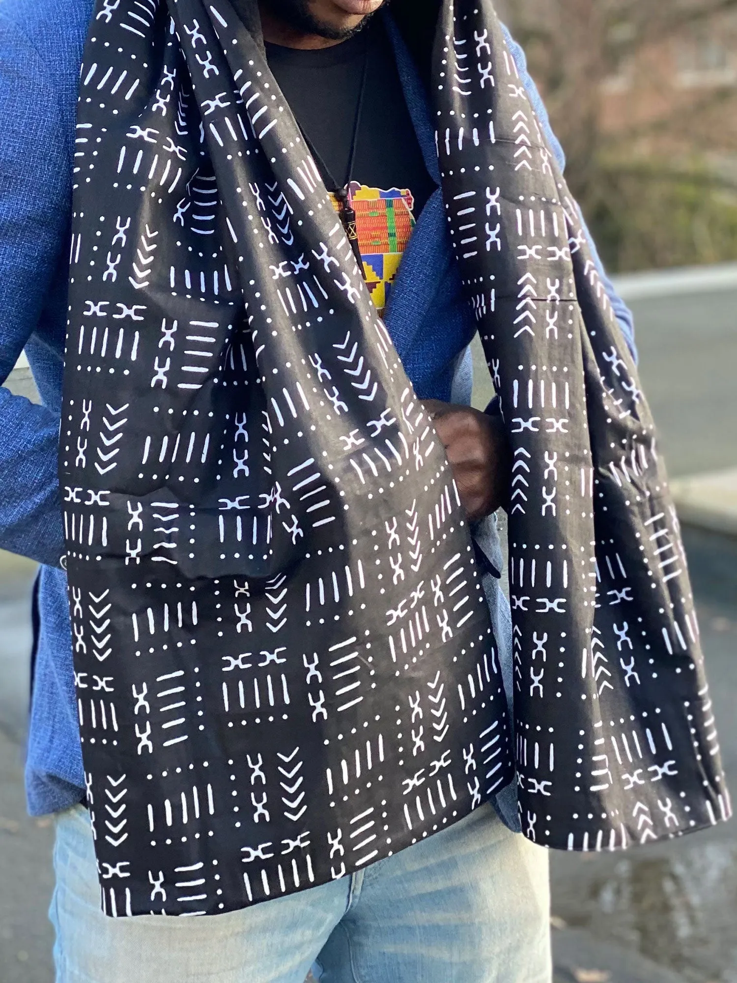 African print Winter scarf for Adults Unisex - Black mud cloth / bogolan