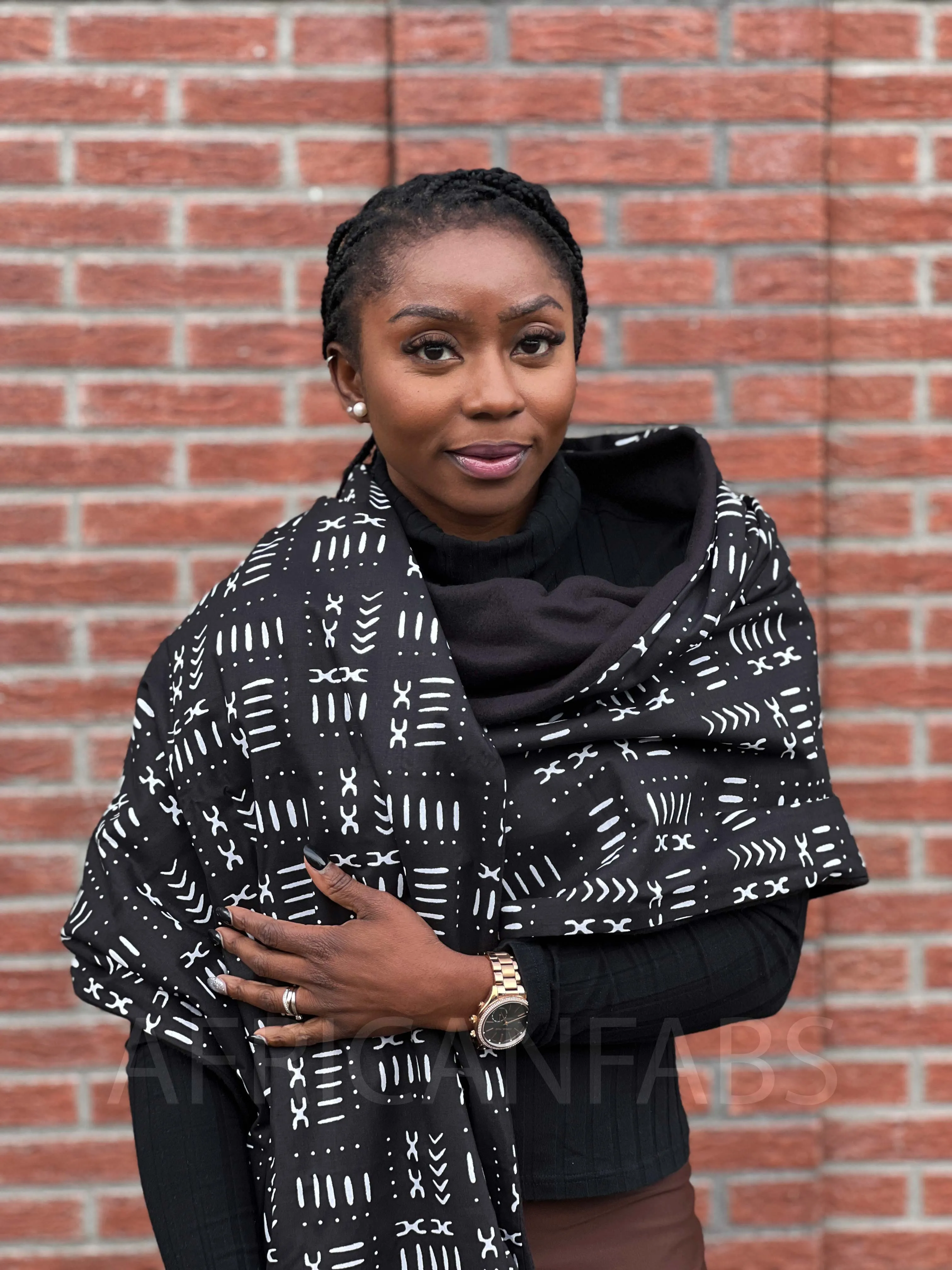 African print Winter scarf for Adults Unisex - Black mud cloth / bogolan