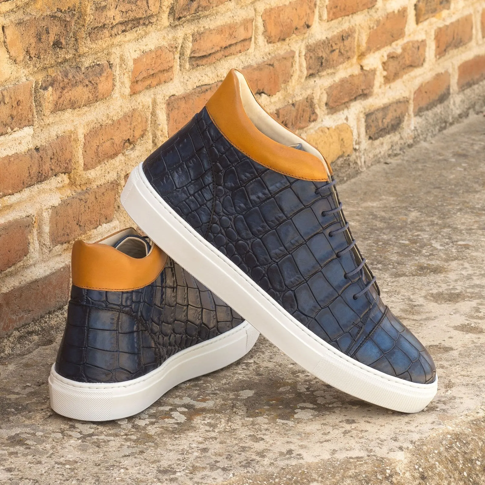 Ambrogio Bespoke Custom Men's Shoes Cognac & Navy Crocodile Print / Calf-Skin Leather High Top Sneakers (AMB2212)