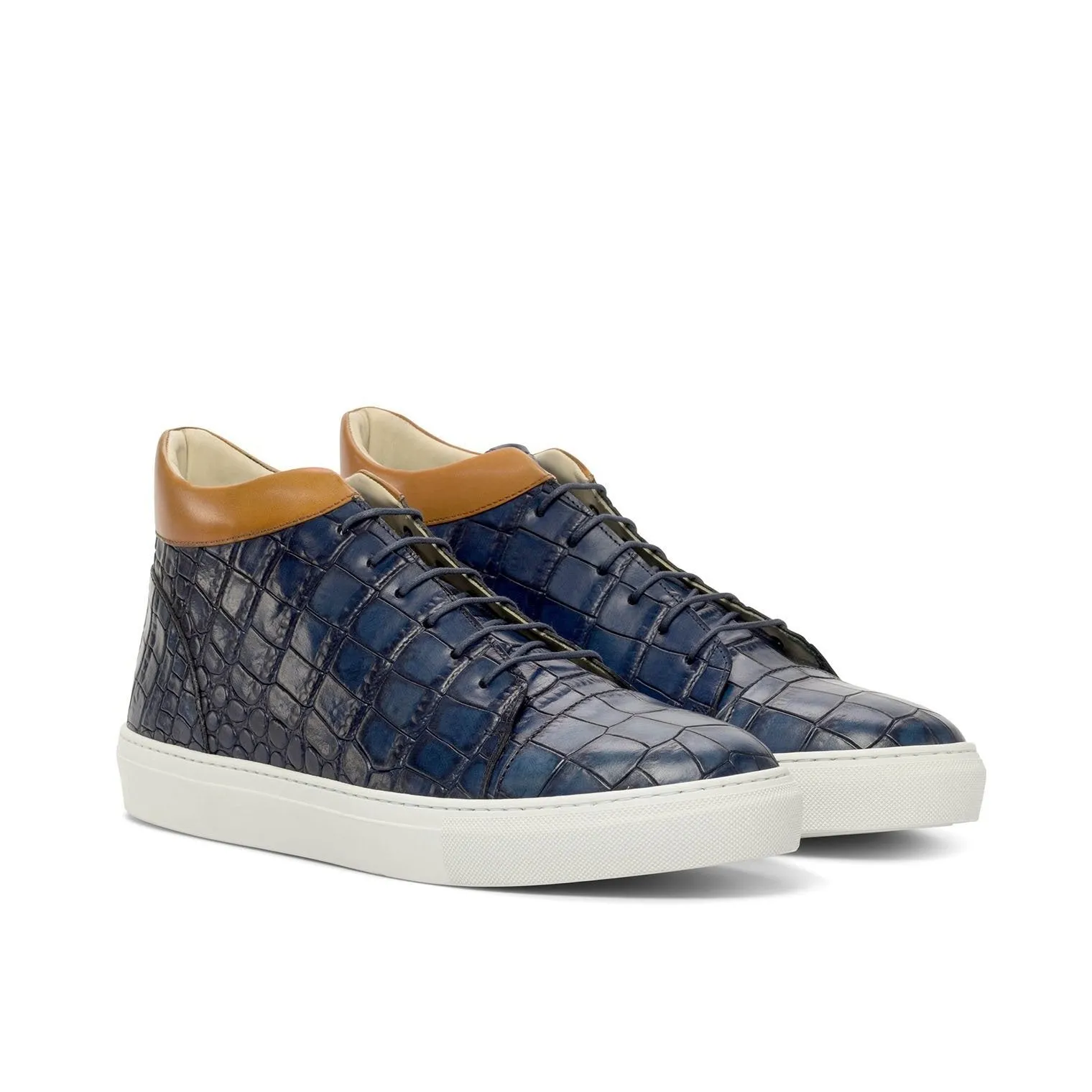 Ambrogio Bespoke Custom Men's Shoes Cognac & Navy Crocodile Print / Calf-Skin Leather High Top Sneakers (AMB2212)