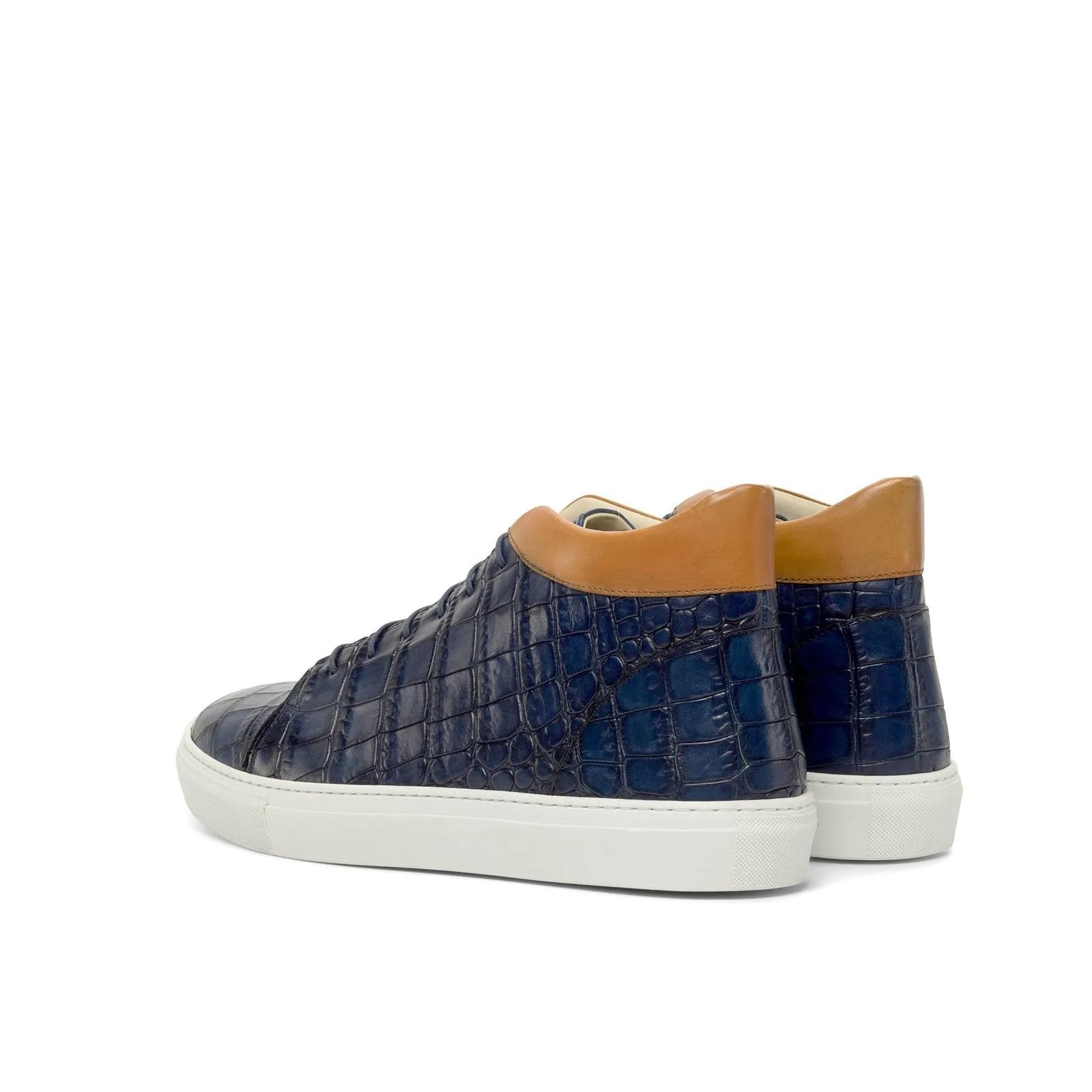 Ambrogio Bespoke Custom Men's Shoes Cognac & Navy Crocodile Print / Calf-Skin Leather High Top Sneakers (AMB2212)