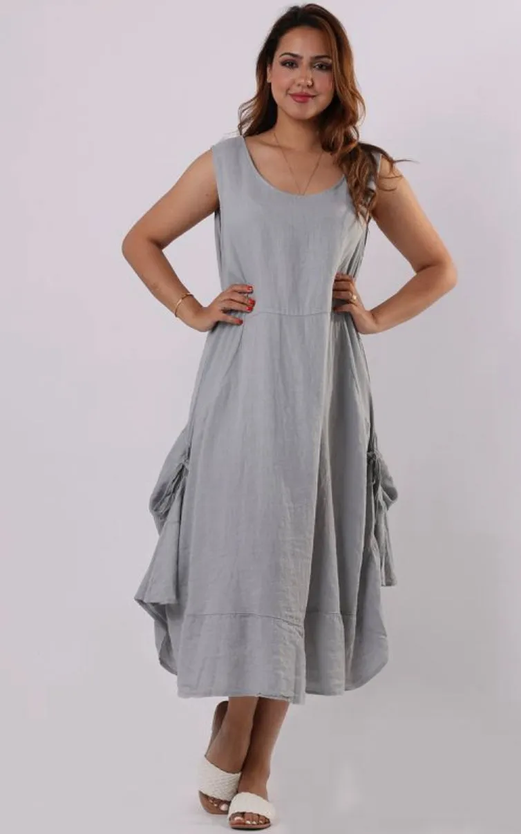 Anne   Kate Italian Plain Linen Gathered Sides Dress