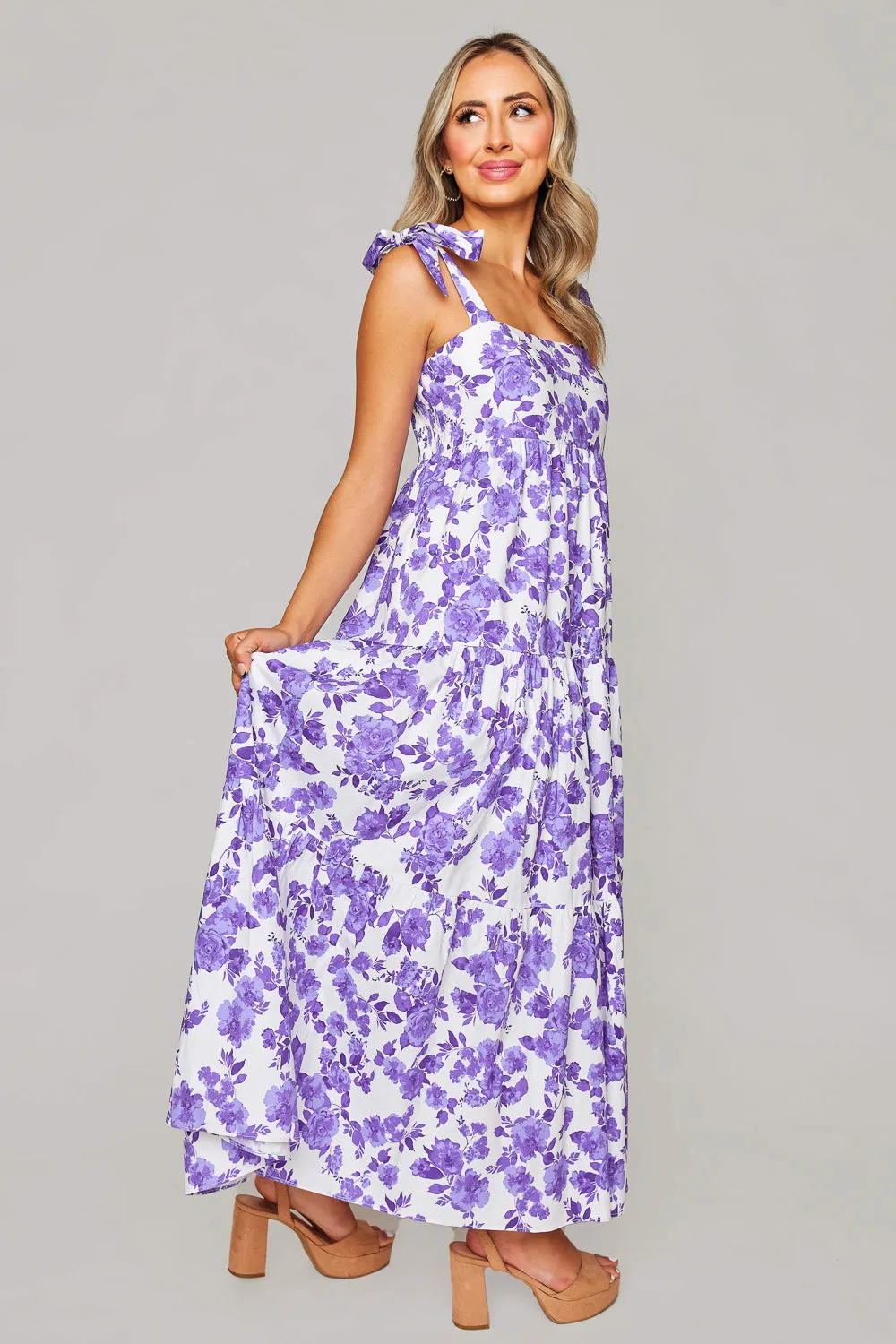 Arlene Tie-Shoulder Maxi Dress - Purple Floral