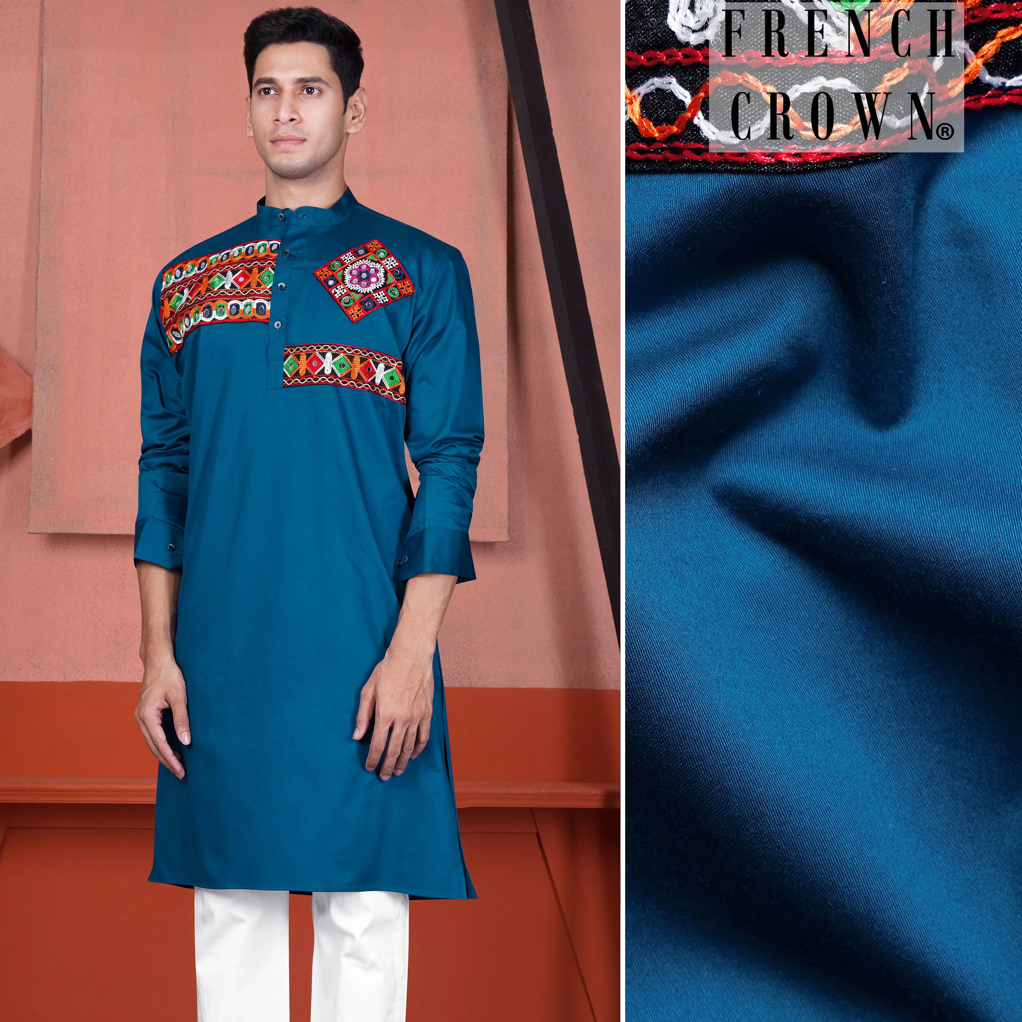 Astronaut Blue Multicolour Kutch Work Patches with Mirror Work Subtle Sheen Super Soft Premium Cotton Designer Kurta