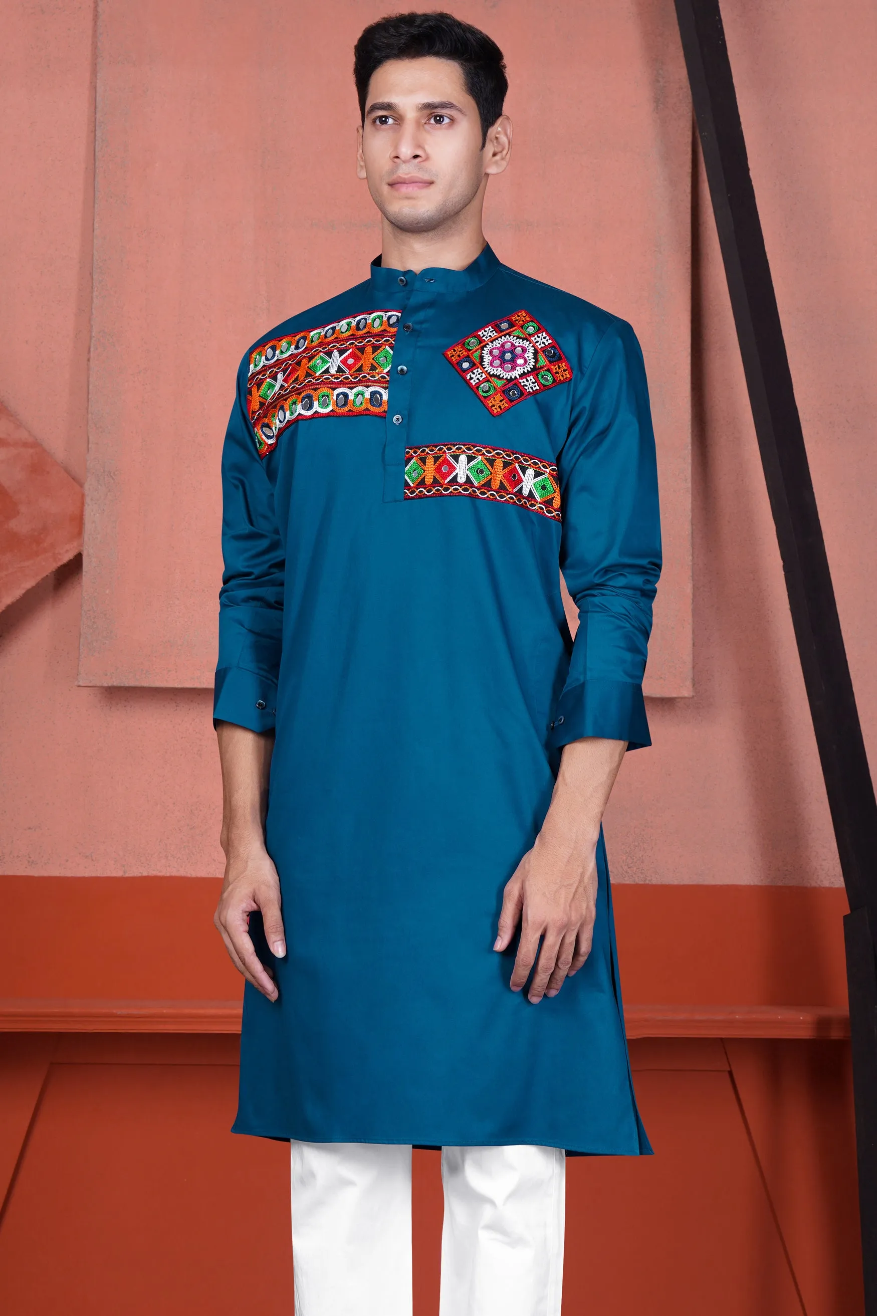 Astronaut Blue Multicolour Kutch Work Patches with Mirror Work Subtle Sheen Super Soft Premium Cotton Designer Kurta