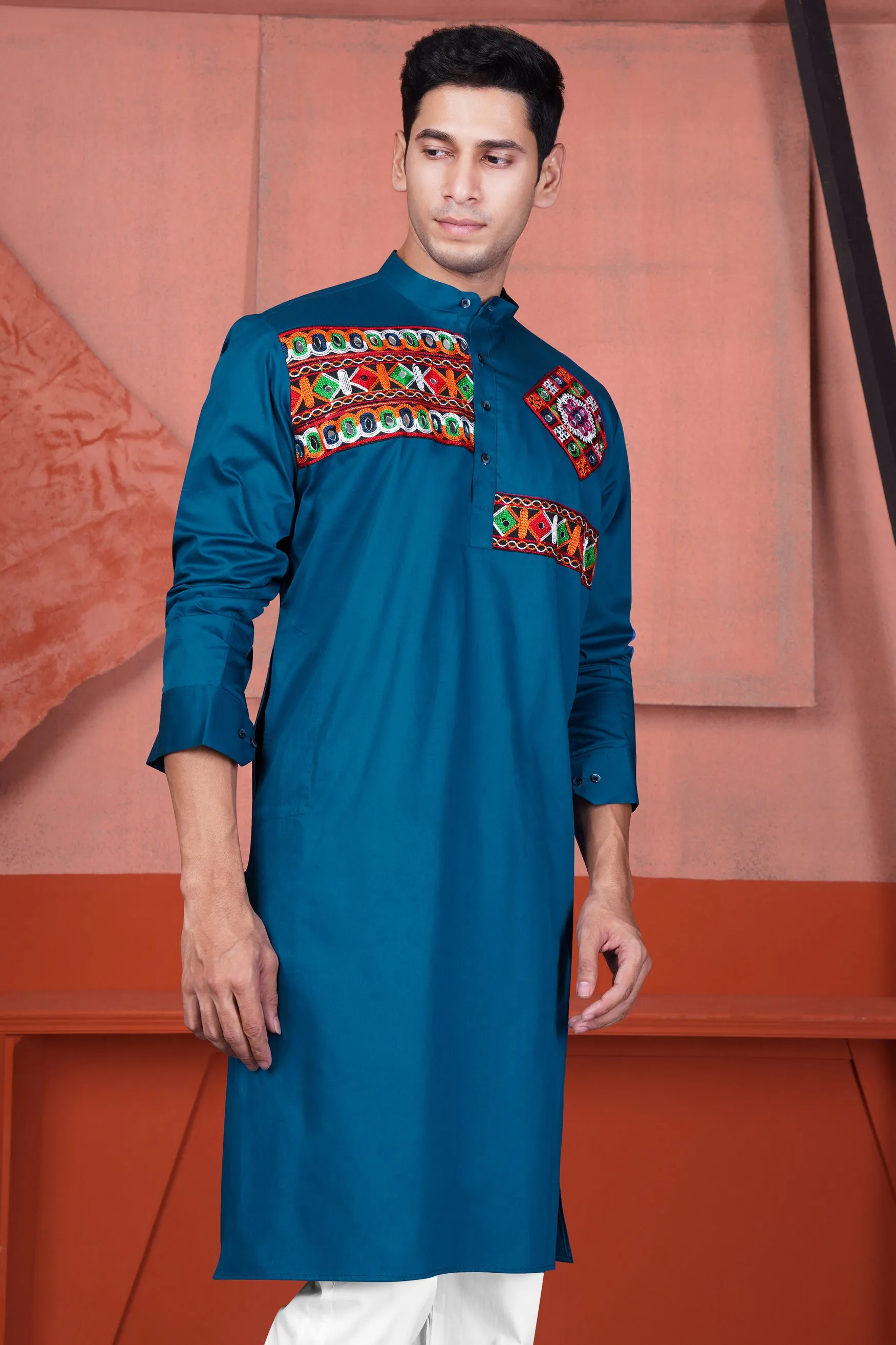 Astronaut Blue Multicolour Kutch Work Patches with Mirror Work Subtle Sheen Super Soft Premium Cotton Designer Kurta