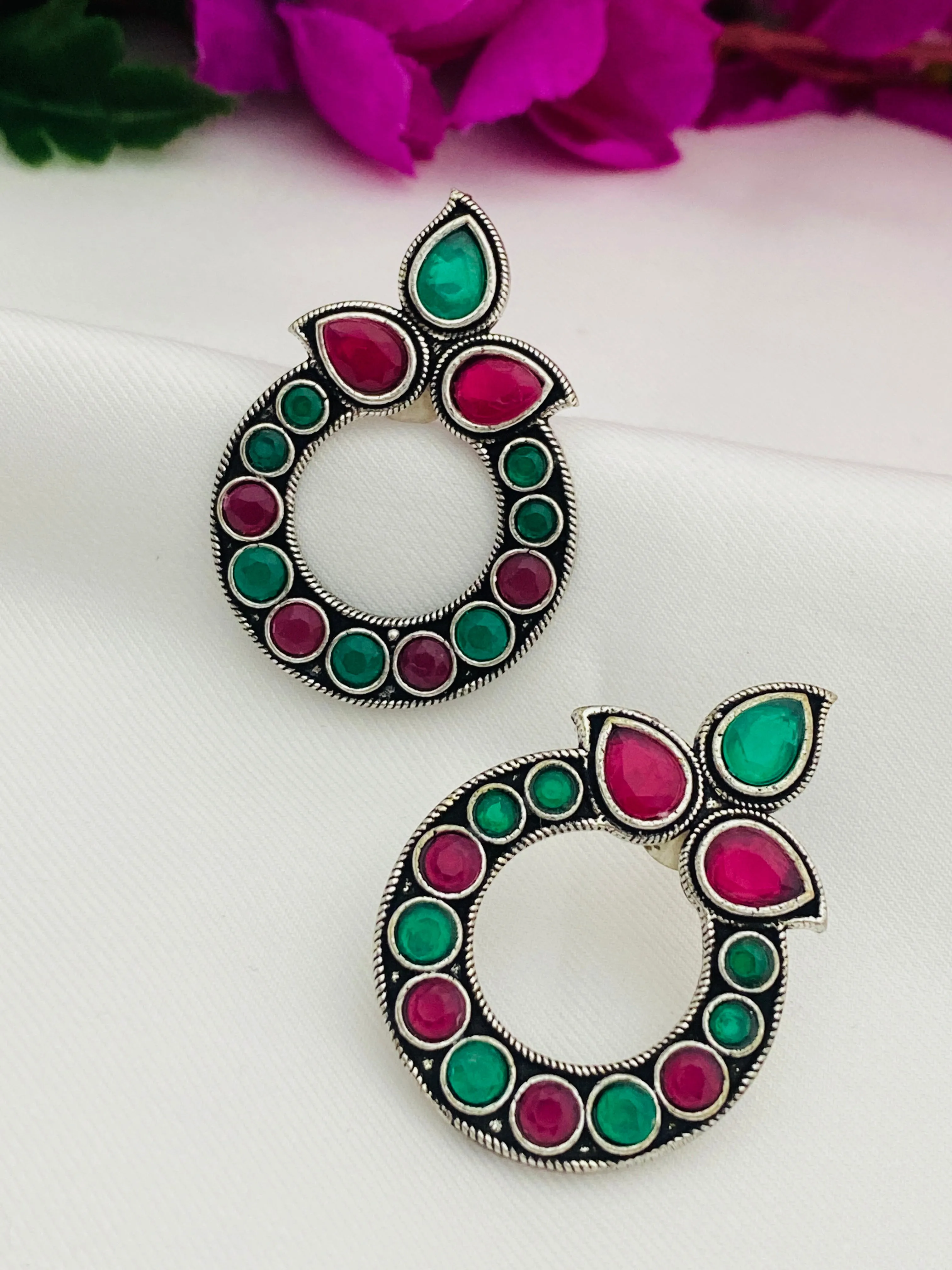 Attractive Multicolor Rounded Design Silver Oxidized Earrings For Women