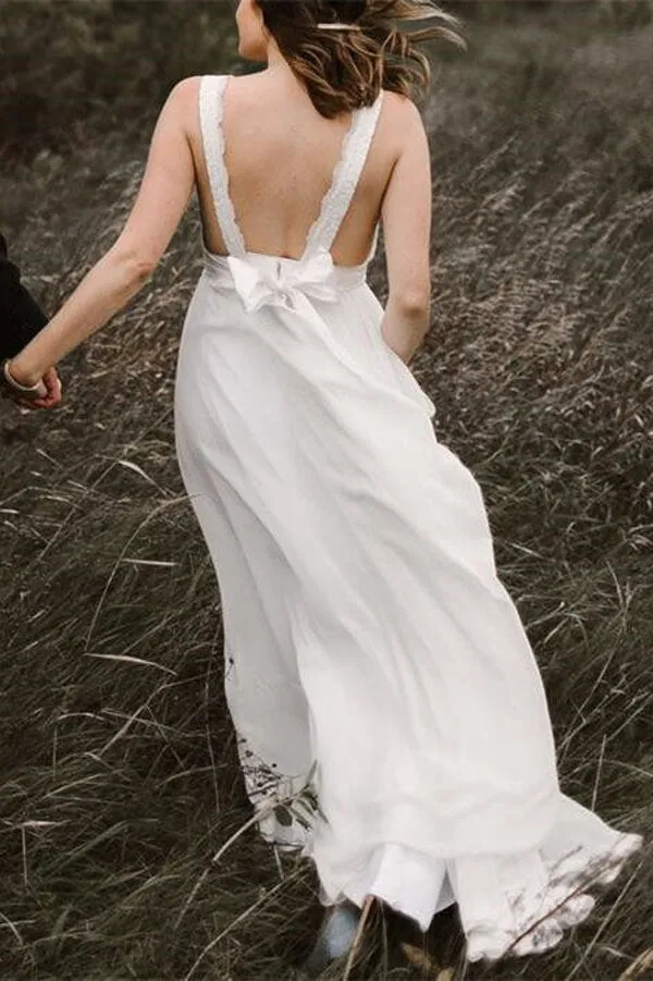 Backless Ivory Chiffon A-line Wedding Gown with V-neck Lace, WD2308222