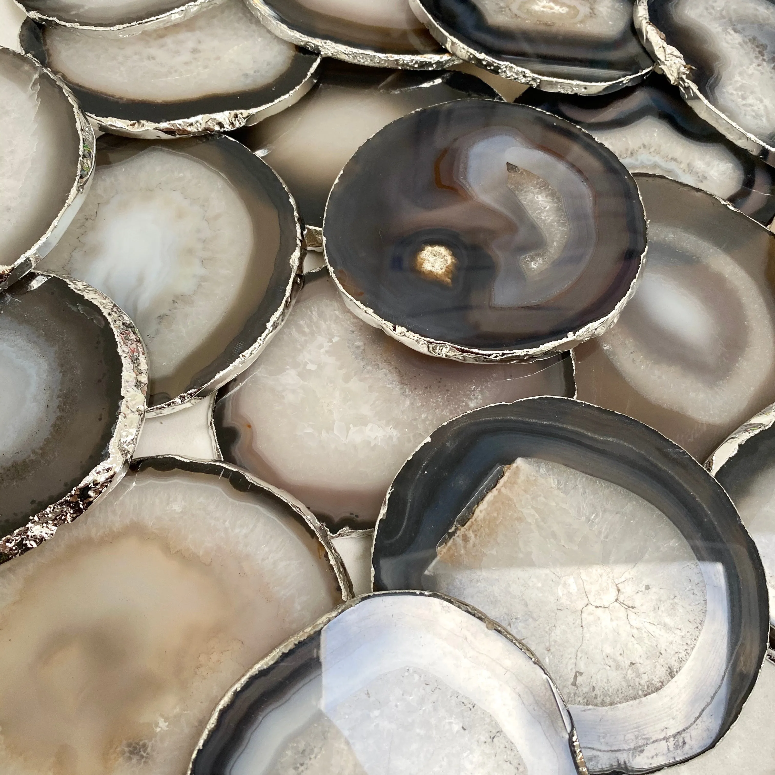 Black Agate Crystal Coasters with Silver Plated Edge