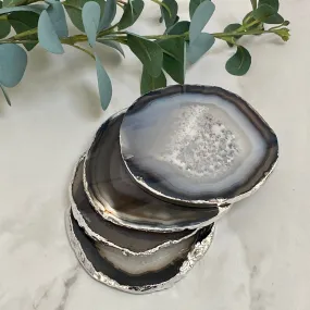 Black Agate Crystal Coasters with Silver Plated Edge