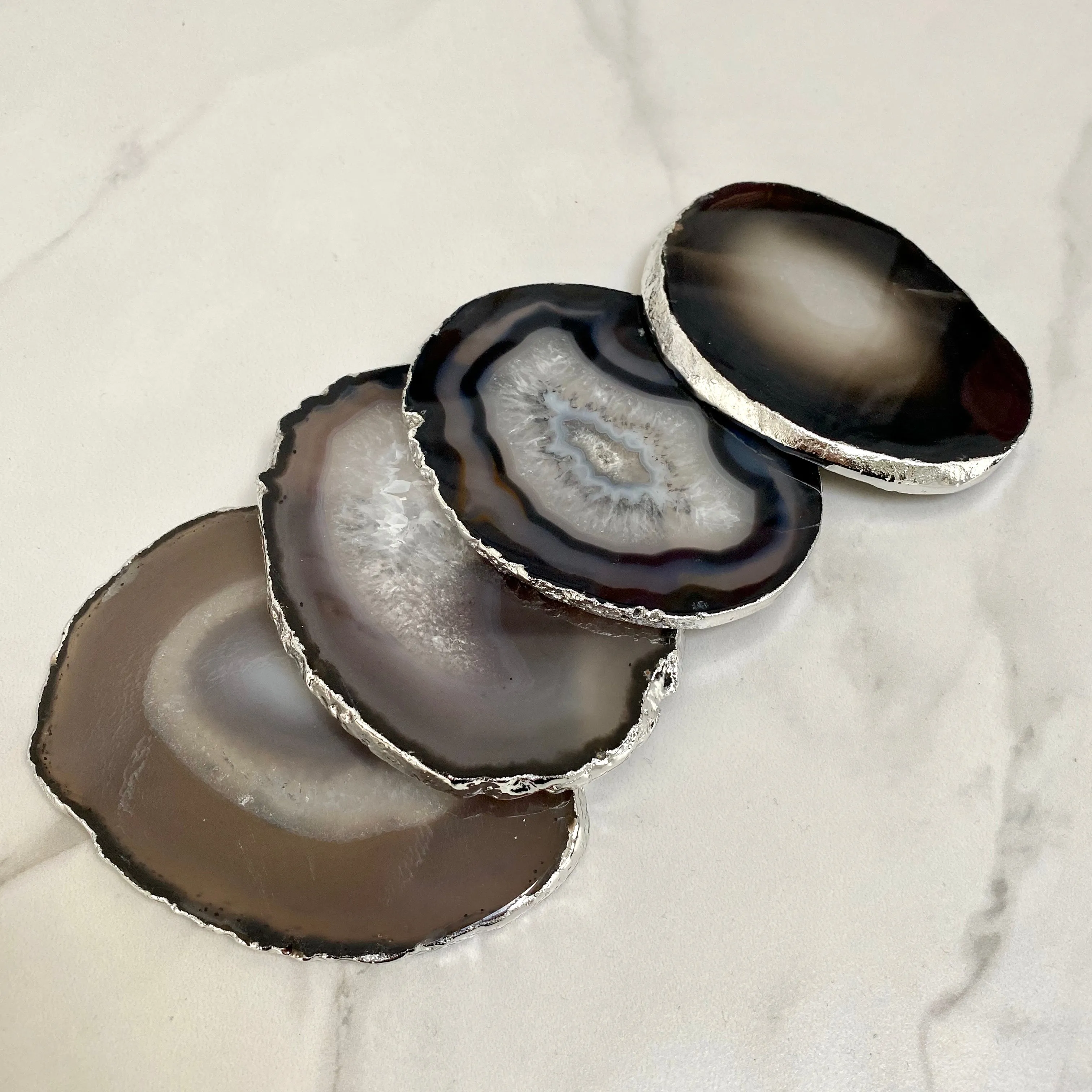 Black Agate Crystal Coasters with Silver Plated Edge