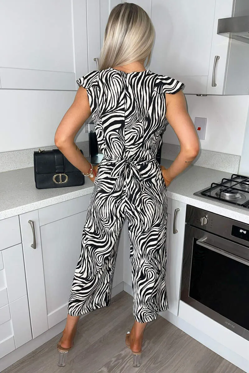 Black And White Zebra Print Frill Front Tie Waist Jumpsuit