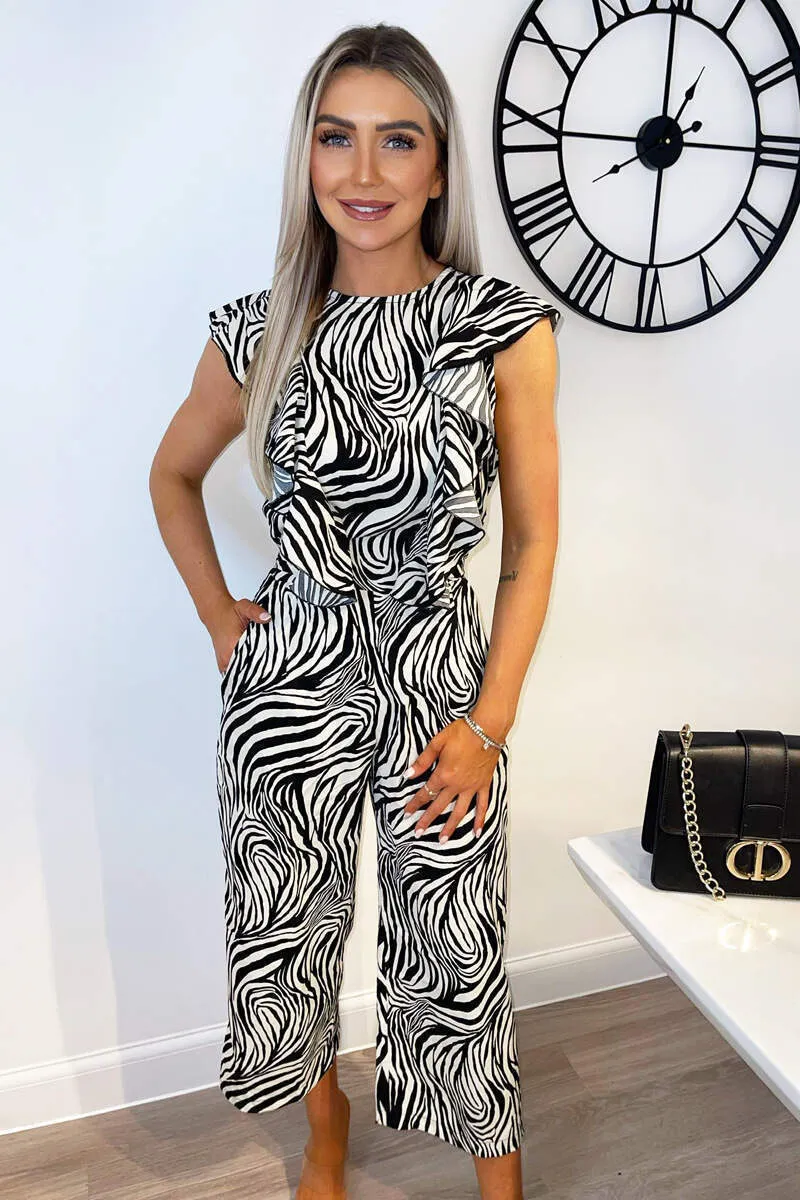 Black And White Zebra Print Frill Front Tie Waist Jumpsuit