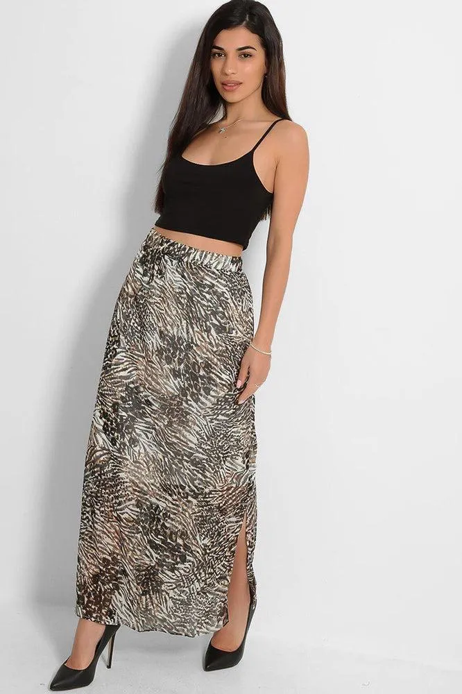 Black Brown Mixed Animal Print Chiffon Maxi Skirt