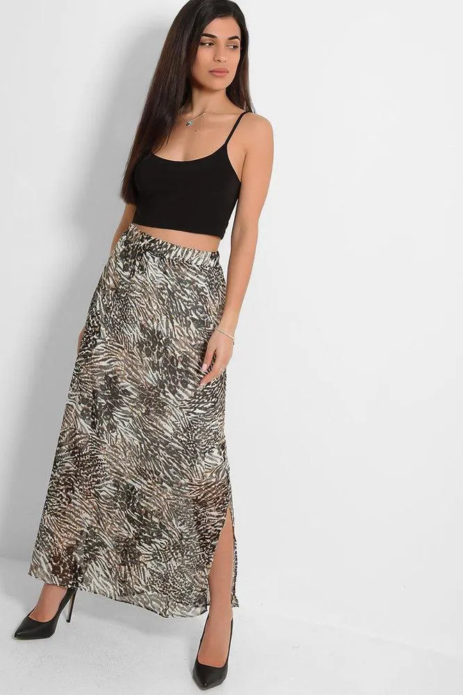 Black Brown Mixed Animal Print Chiffon Maxi Skirt