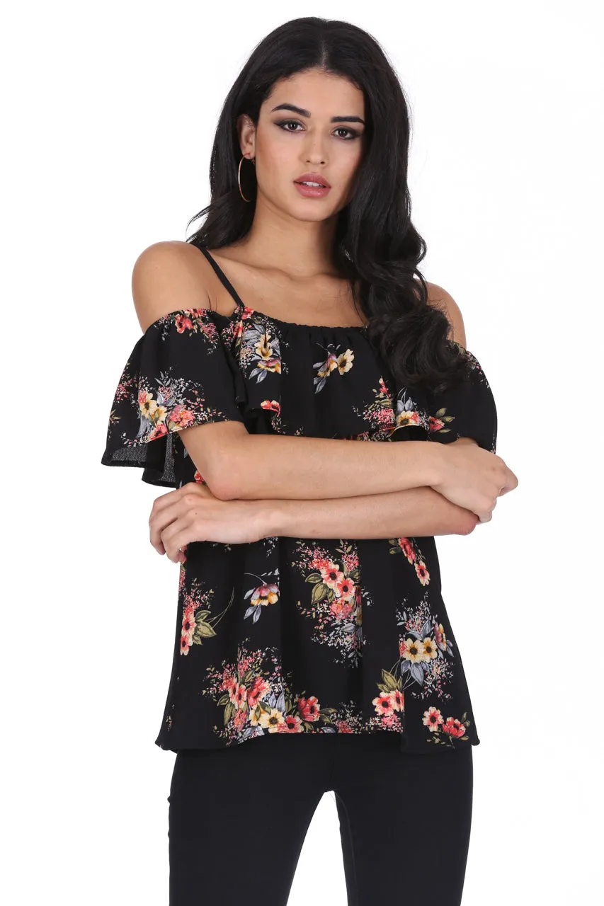 Black Floral Printed Off The Shoulder Frill Top