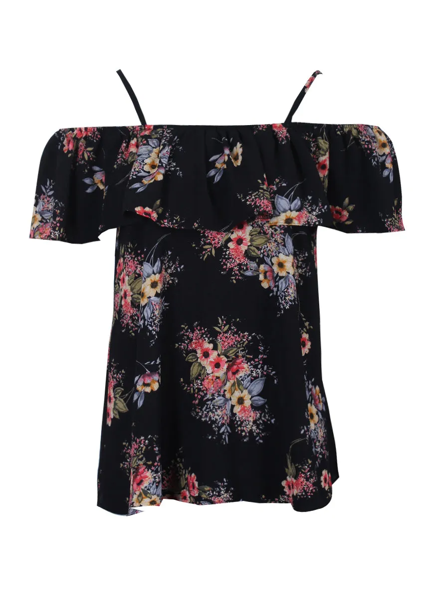 Black Floral Printed Off The Shoulder Frill Top