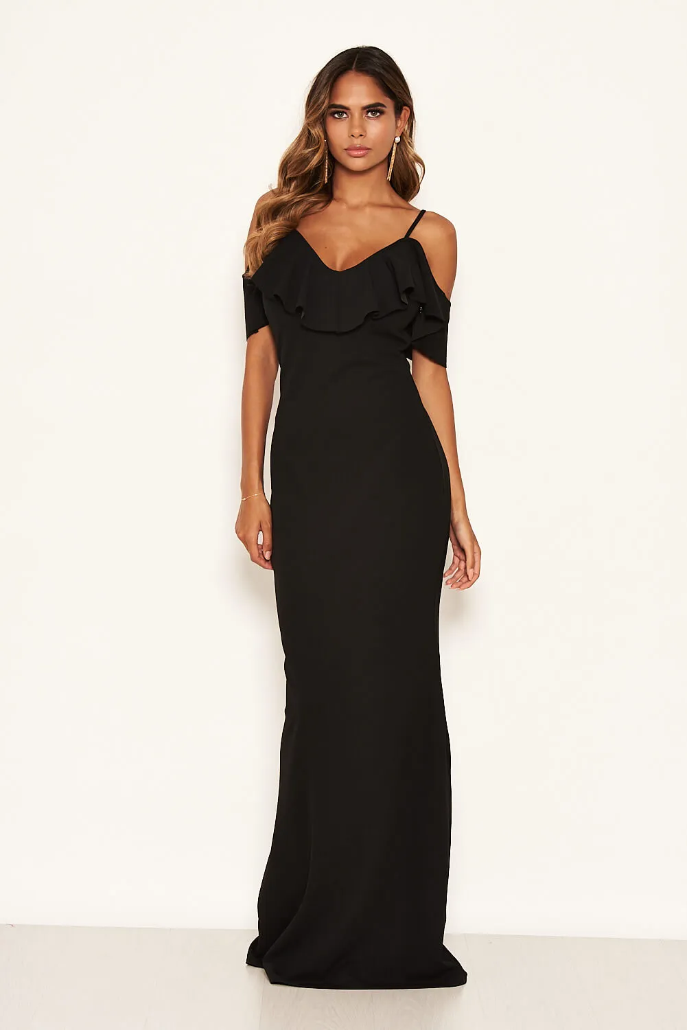 Black Frill Cold Shoulder Maxi Dress