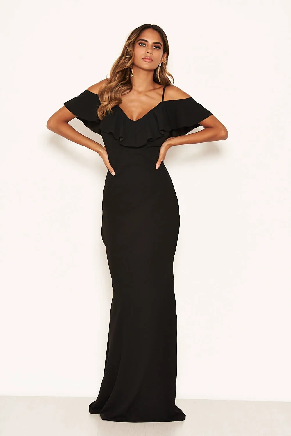 Black Frill Cold Shoulder Maxi Dress