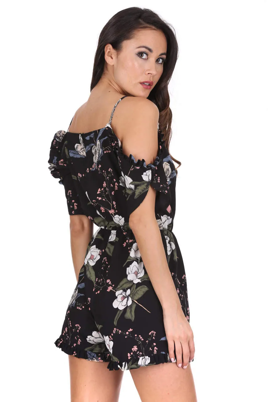 Black Frill Hem Floral Playsuit