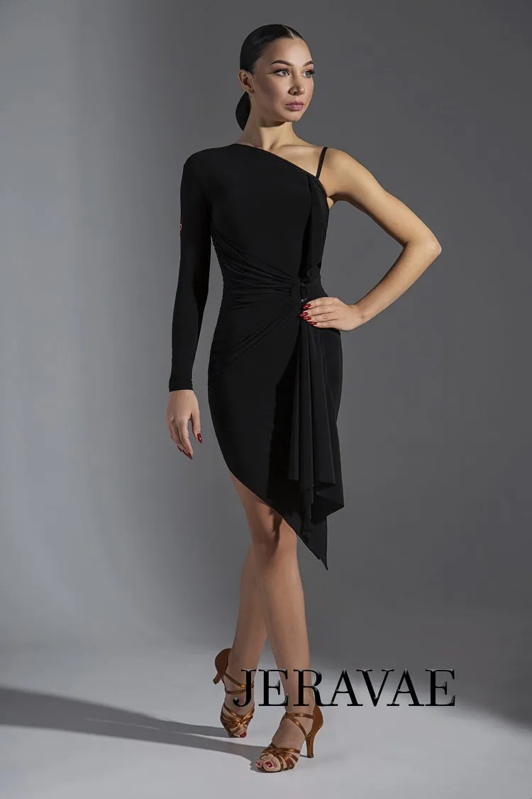 Black Latin Practice Dress with Single Long Sleeve, Flutter Sash, and Gathered Waist PRA 575_sale