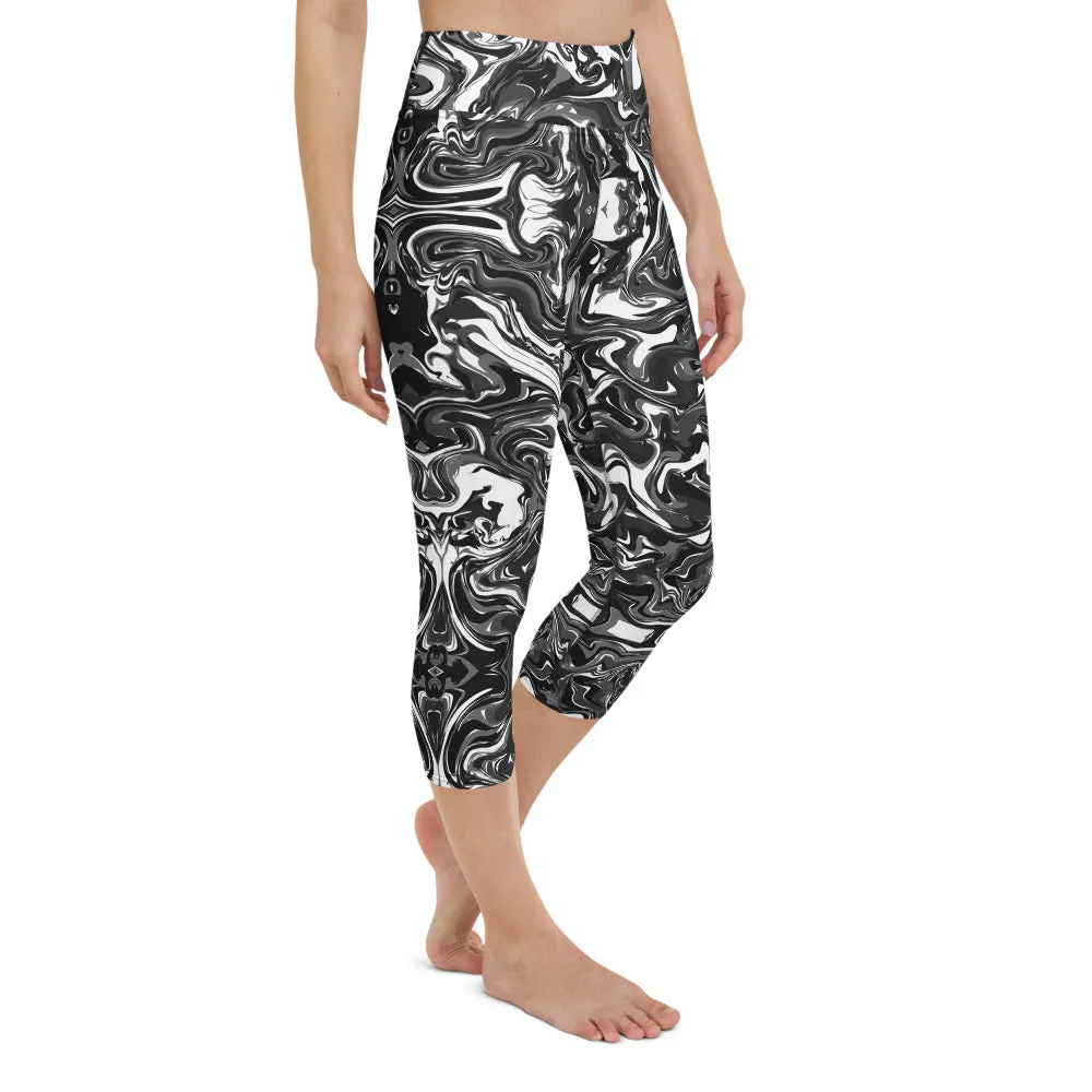 Black Marbled Yoga Capri Leggings, Grey White Marble Print Capris Tights-Made in USA/EU