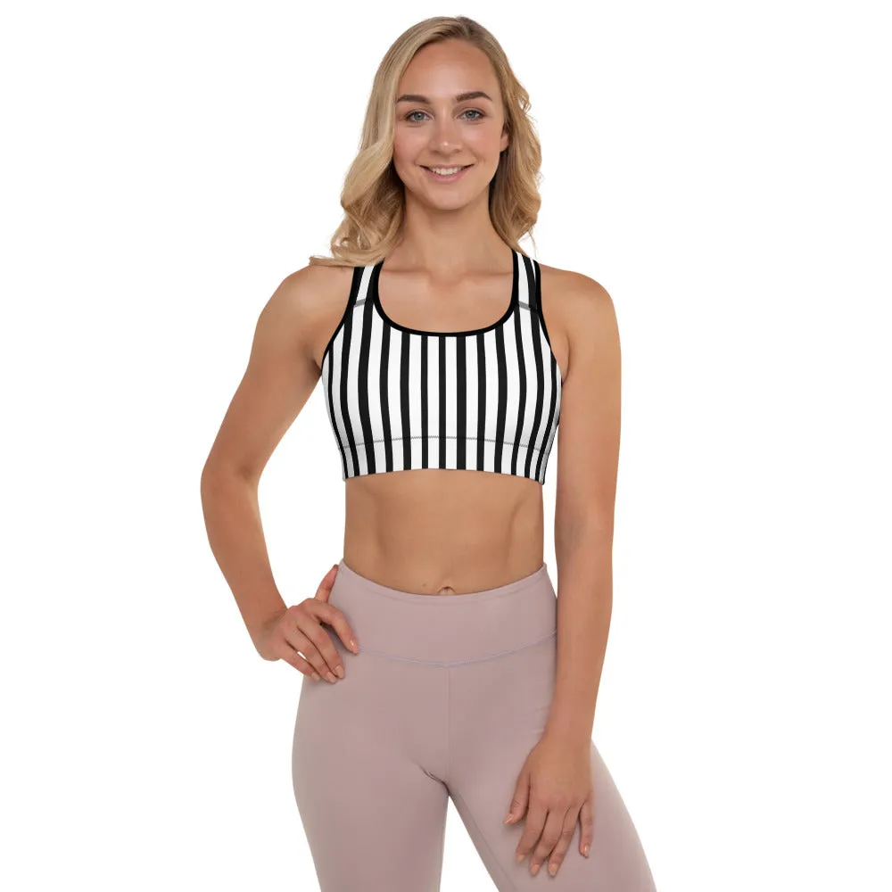 Black Striped Padded Sports Bra, Women's Yoga Best Modern Workout Bra-Made in USA/EU