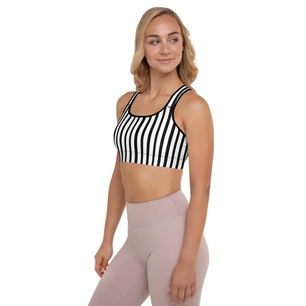 Black Striped Padded Sports Bra, Women's Yoga Best Modern Workout Bra-Made in USA/EU