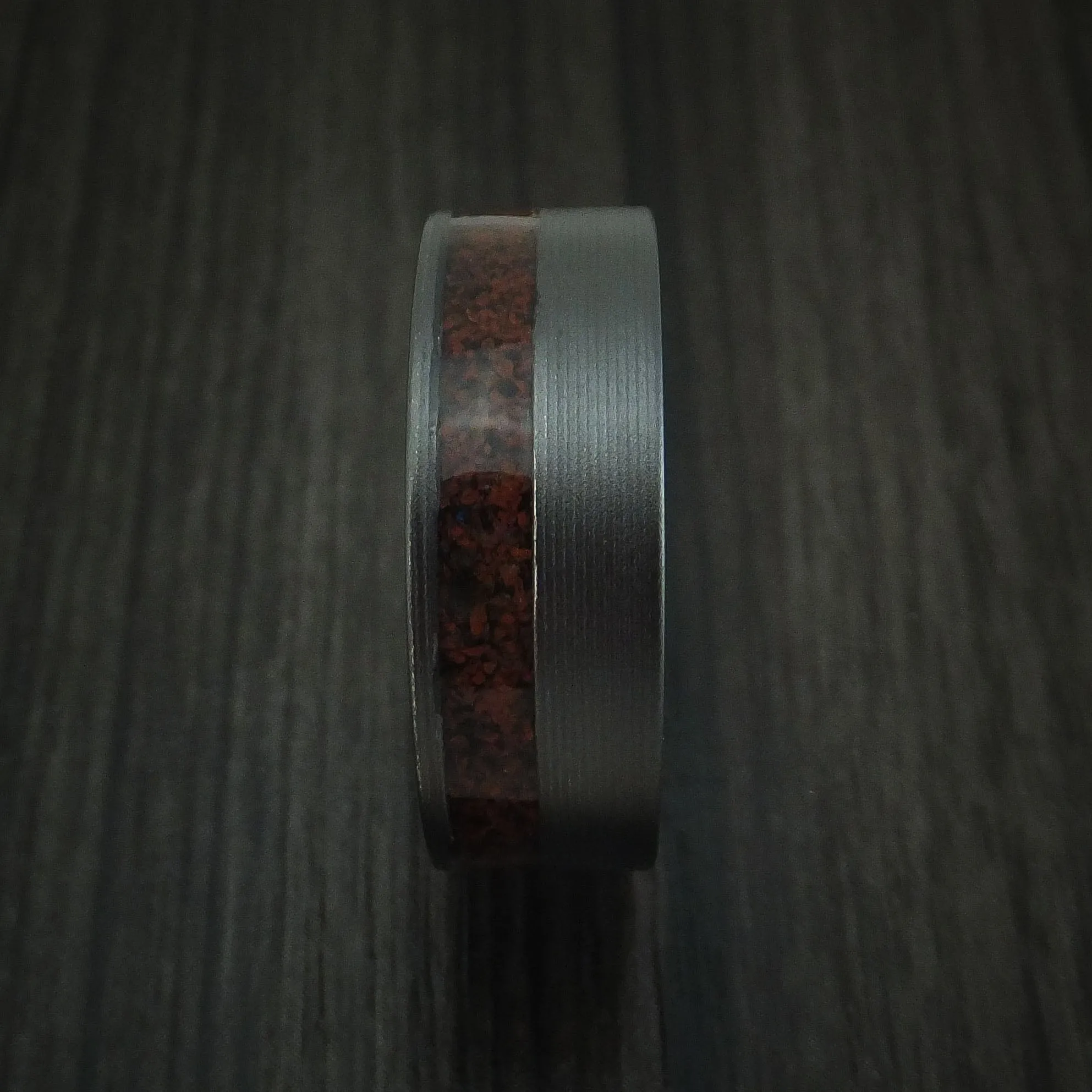 Black Titanium and Red Dinosaur Bone Men's Ring Custom Made Fossil Band