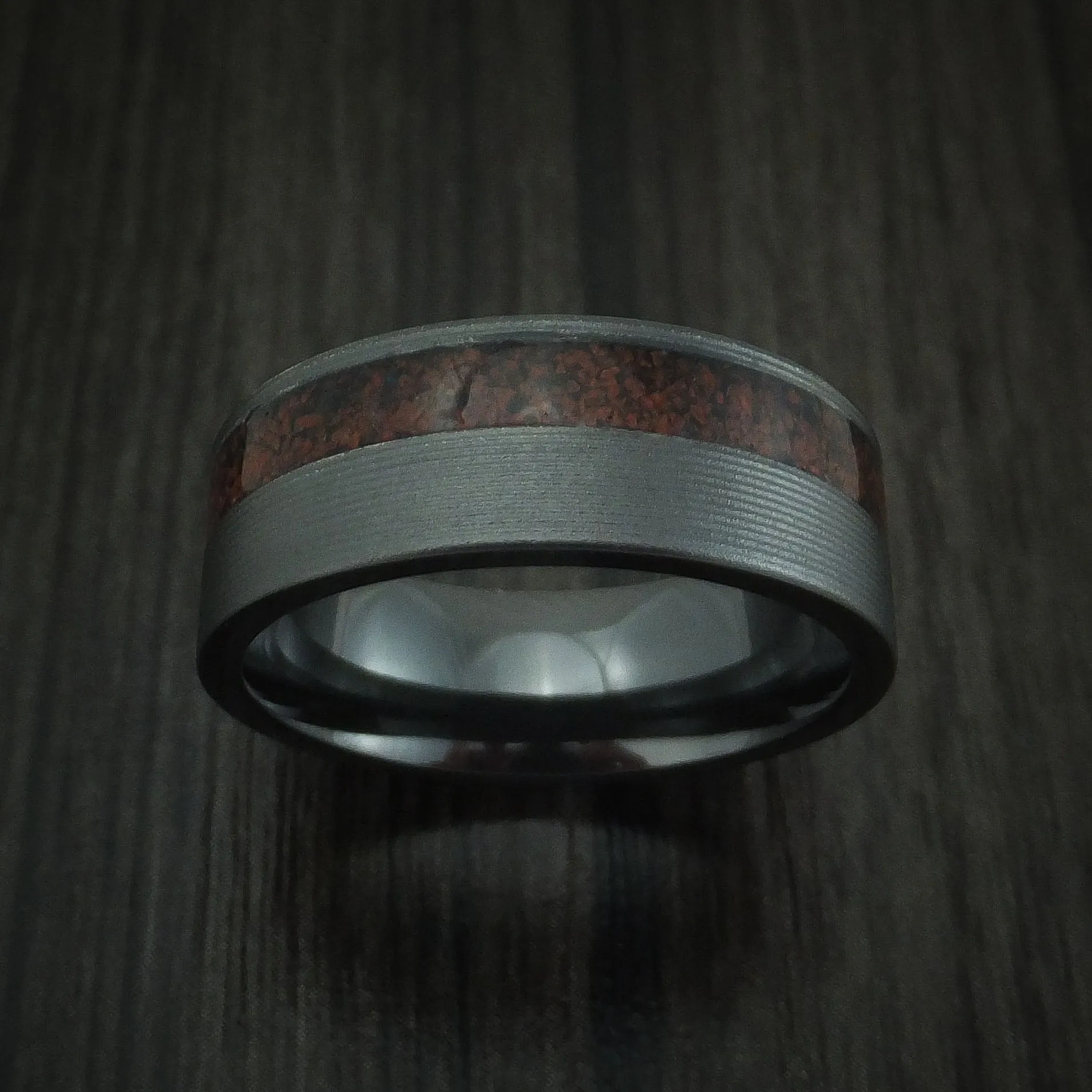 Black Titanium and Red Dinosaur Bone Men's Ring Custom Made Fossil Band