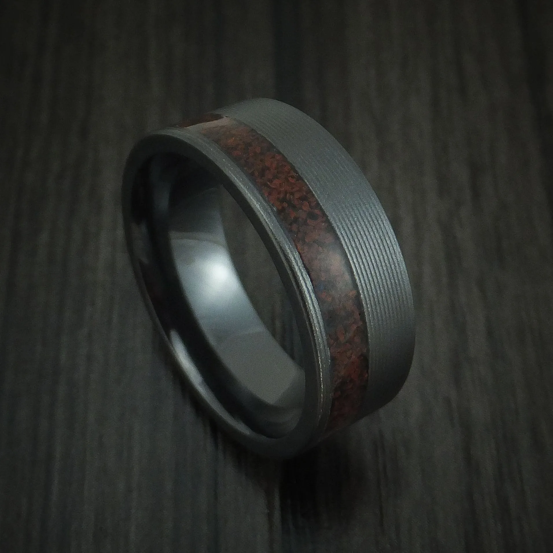 Black Titanium and Red Dinosaur Bone Men's Ring Custom Made Fossil Band