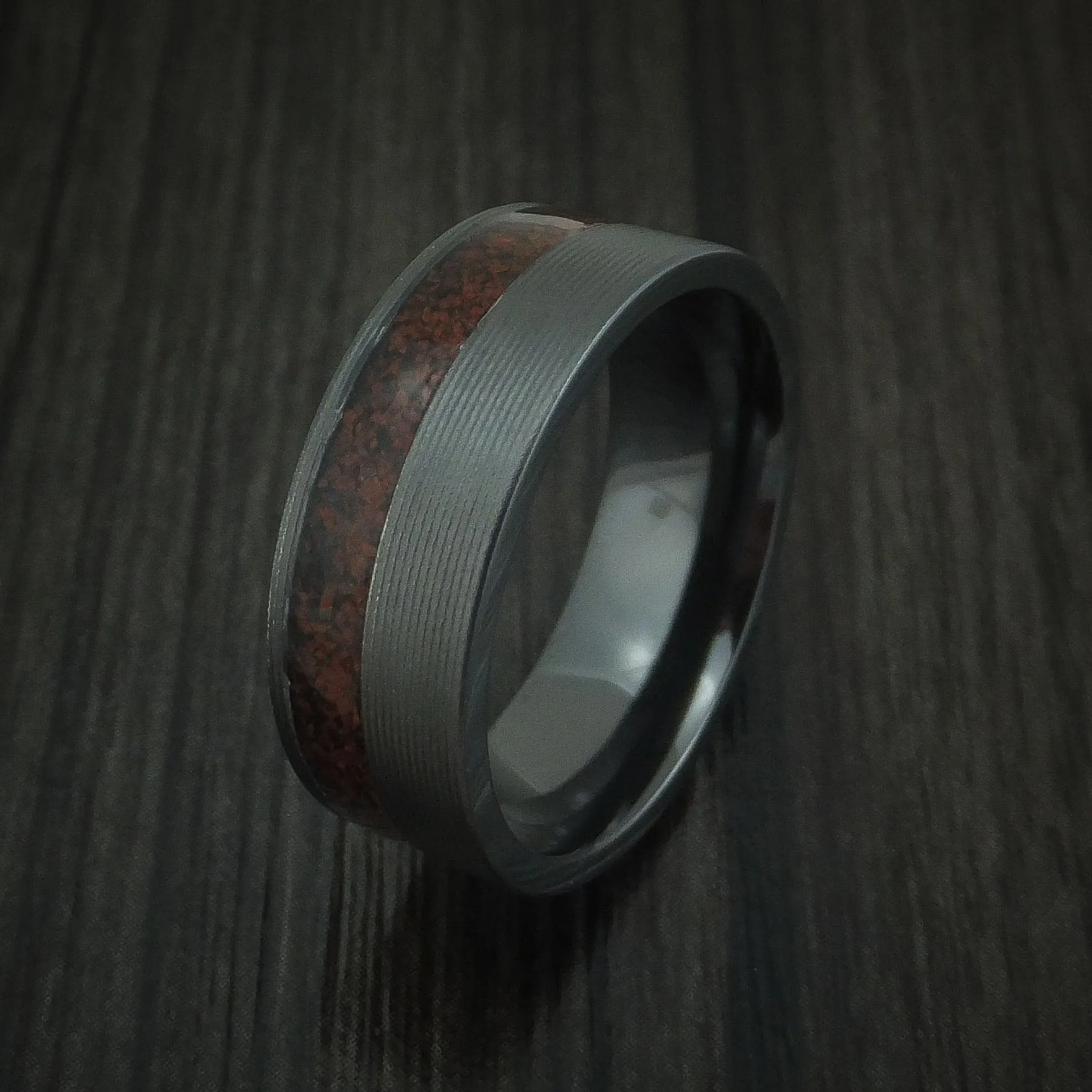 Black Titanium and Red Dinosaur Bone Men's Ring Custom Made Fossil Band