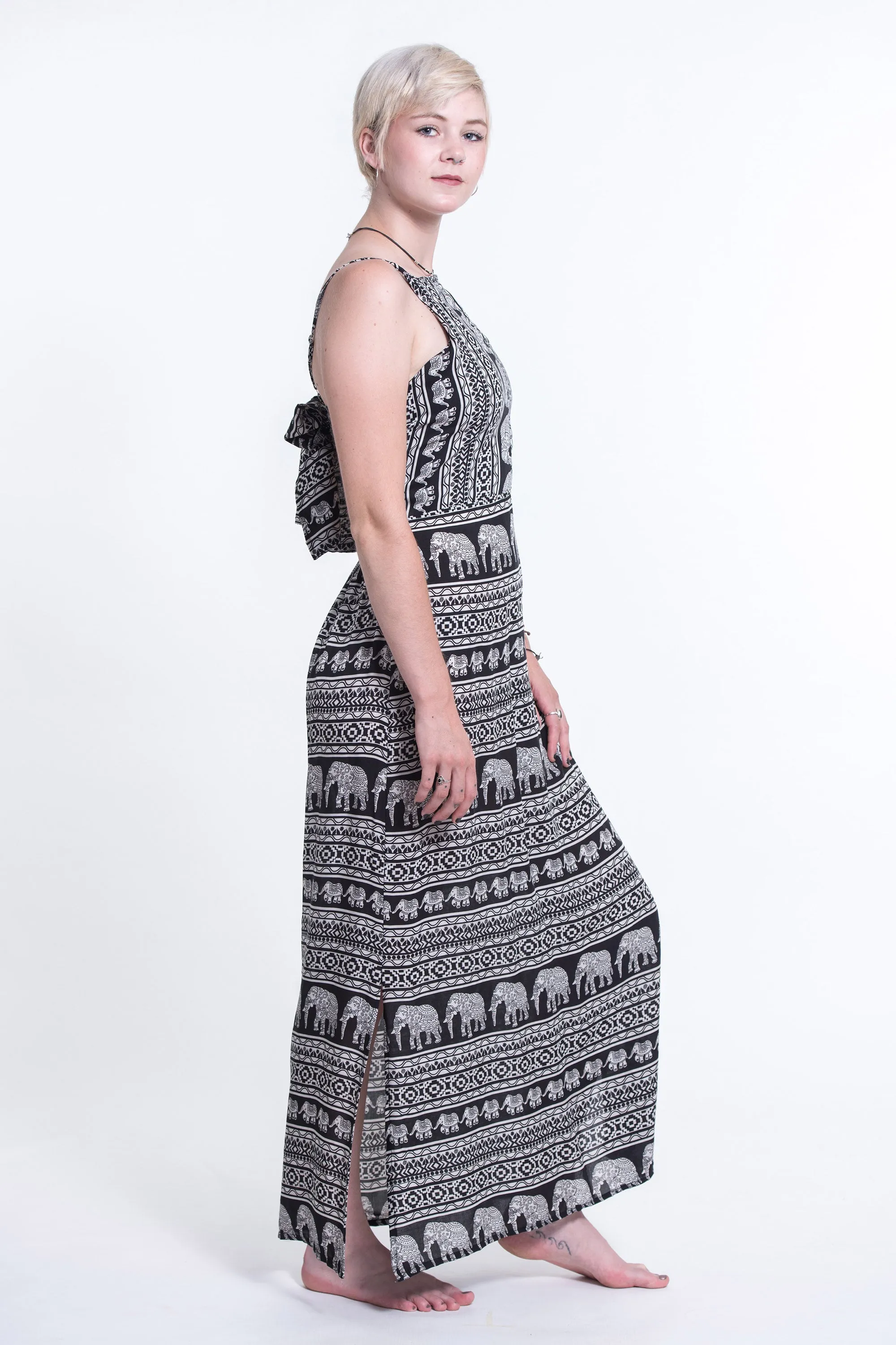 Boho Elephant Tie Back Maxi Dress in Black