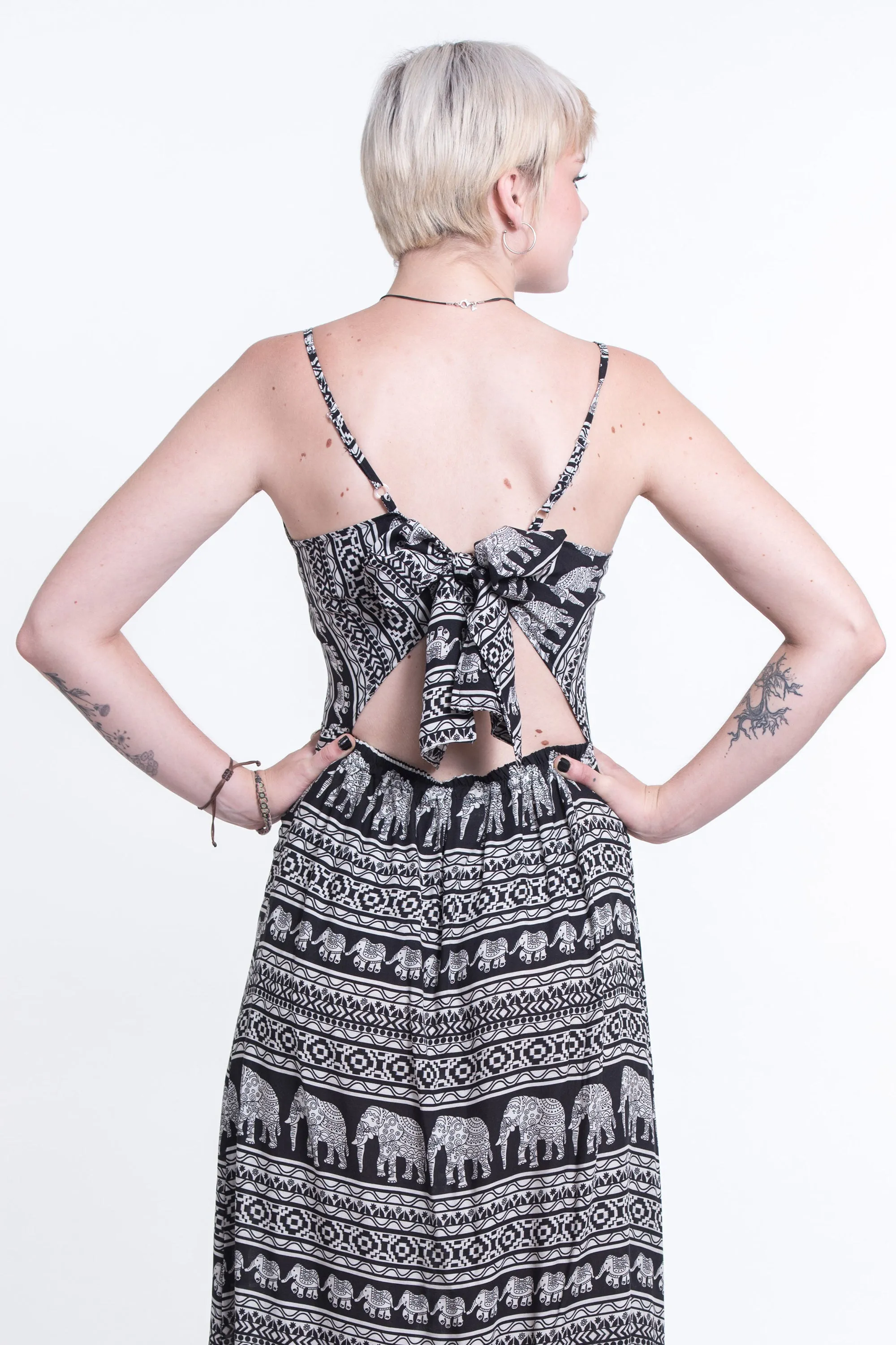 Boho Elephant Tie Back Maxi Dress in Black