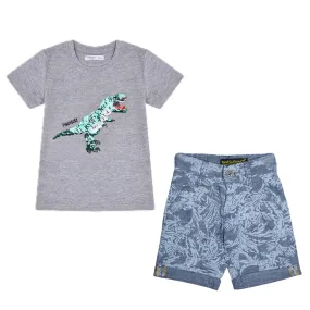 C1663 FO-BU Sequance Dino Story Grey T-Shirt with Digital Printed 4-Pocket Grey Cotton Shorts