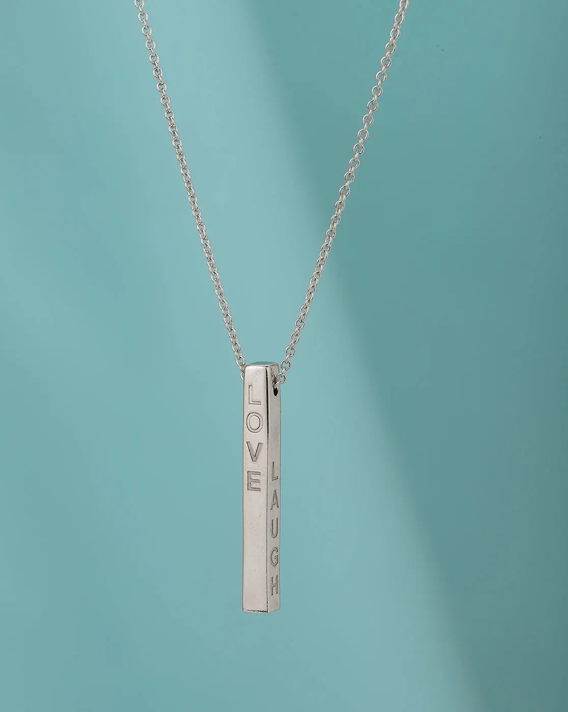 Carlton London Dangling Bar With Ingrave Text Pendant With Chain And Rhodium Plated