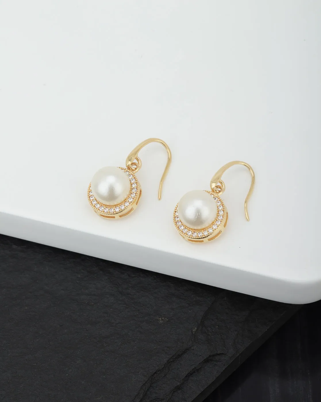 Carlton London Gold Plated White Pearl Cz Circular Drop Earring For Women