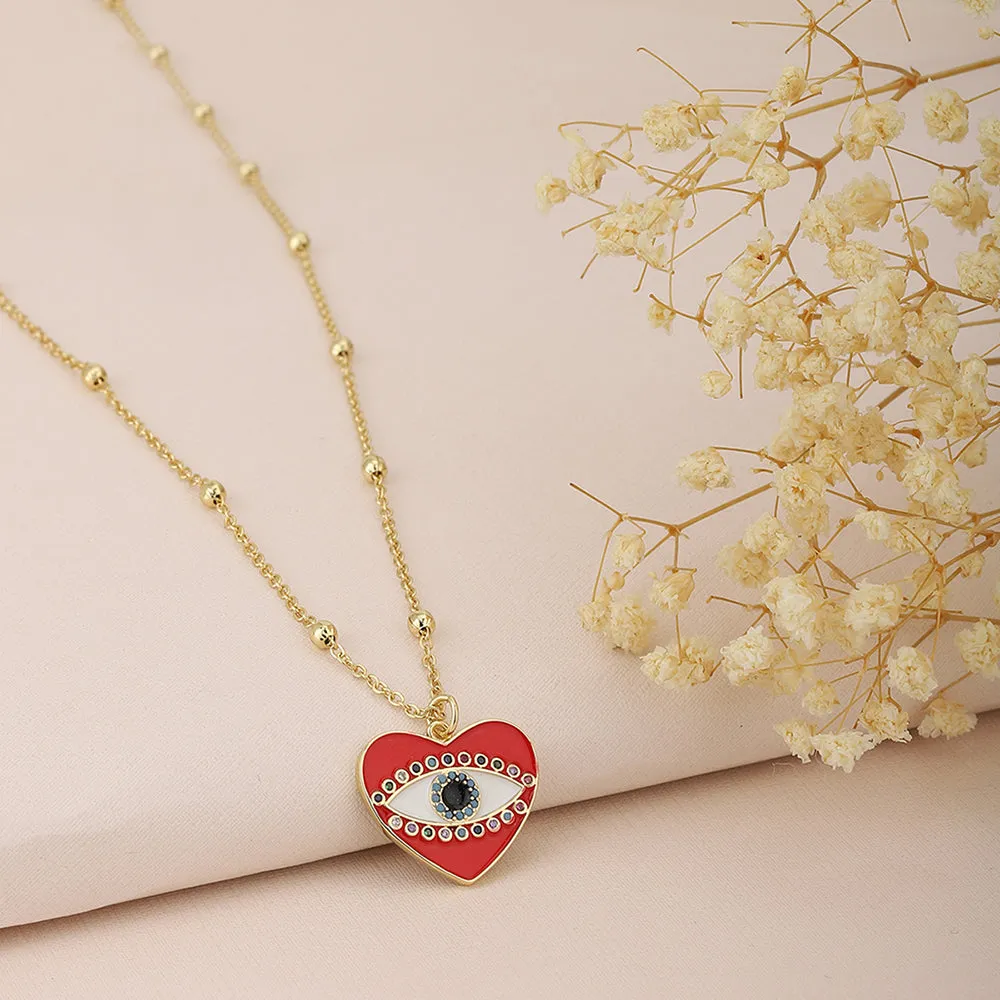 Carlton London Gold-Toned & Red Brass Evil Eye Heart Shaped Stone Studded Necklace Fjn3352