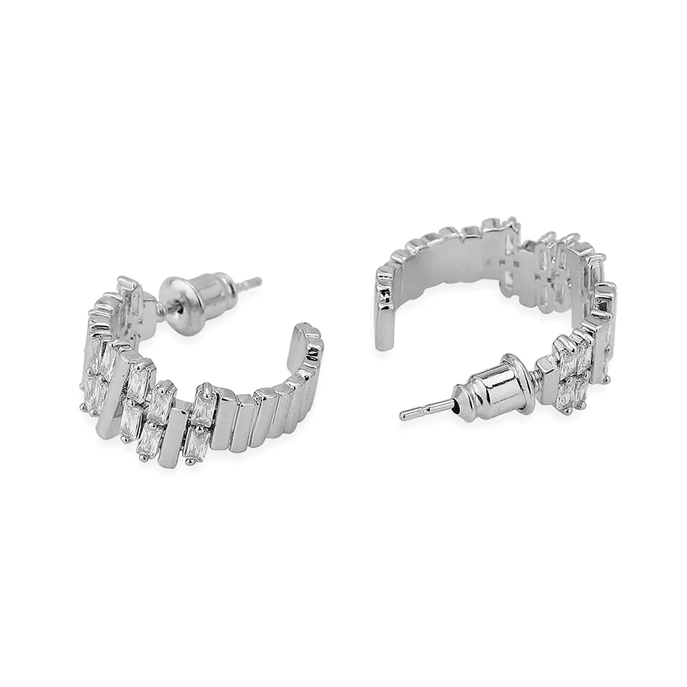 Carlton London Premium Jwlry-Silver Toned Czstudded Rhodium-Plated Contemporary Handcrafted Half Hoop Earrings Fje4134