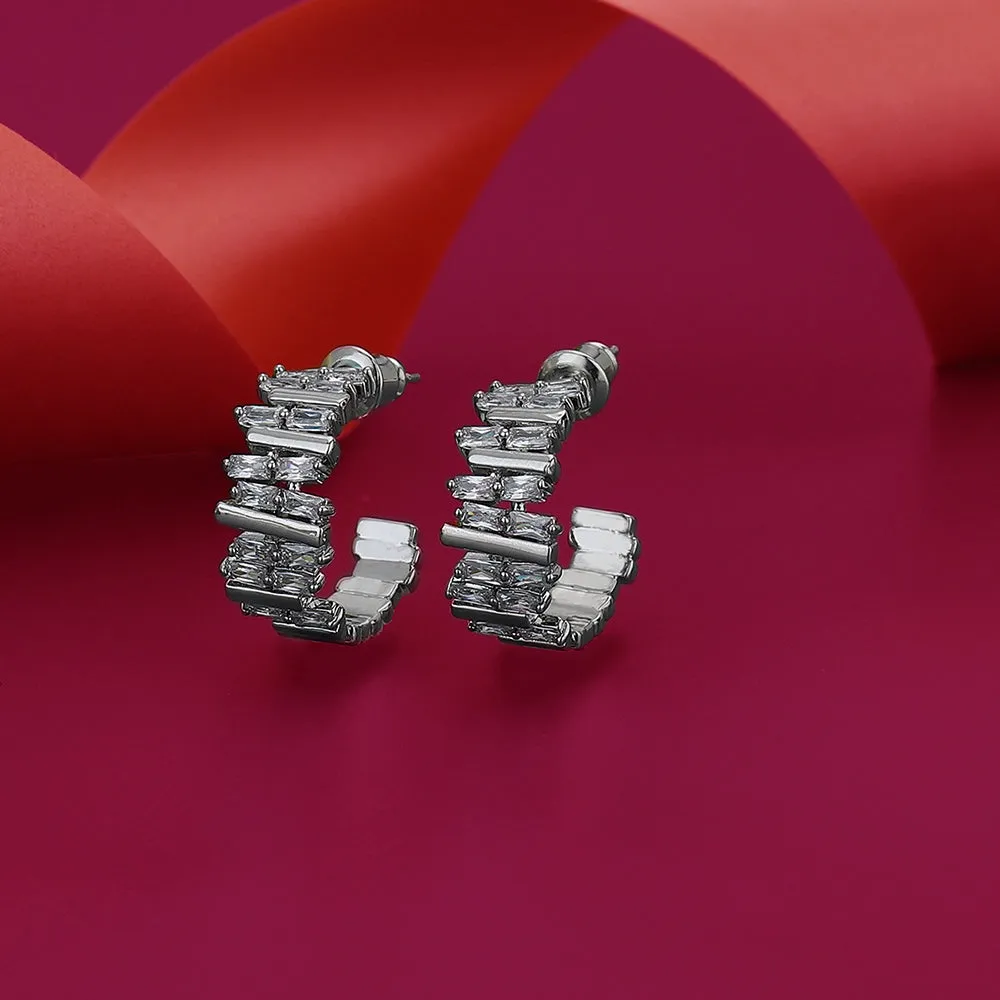 Carlton London Premium Jwlry-Silver Toned Czstudded Rhodium-Plated Contemporary Handcrafted Half Hoop Earrings Fje4134